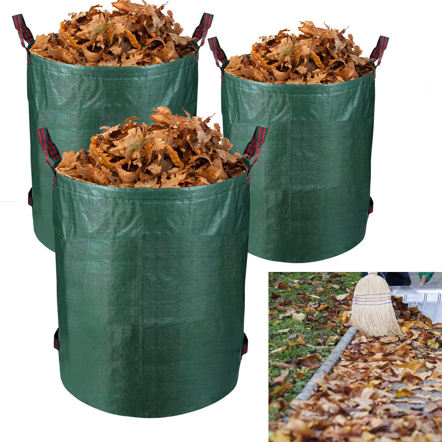 Drei grüne Taschen gefüllt mit braunen Blättern. Die Einschaltung zeigt einen Besen, der Blätter auf einem Gehweg fegt.