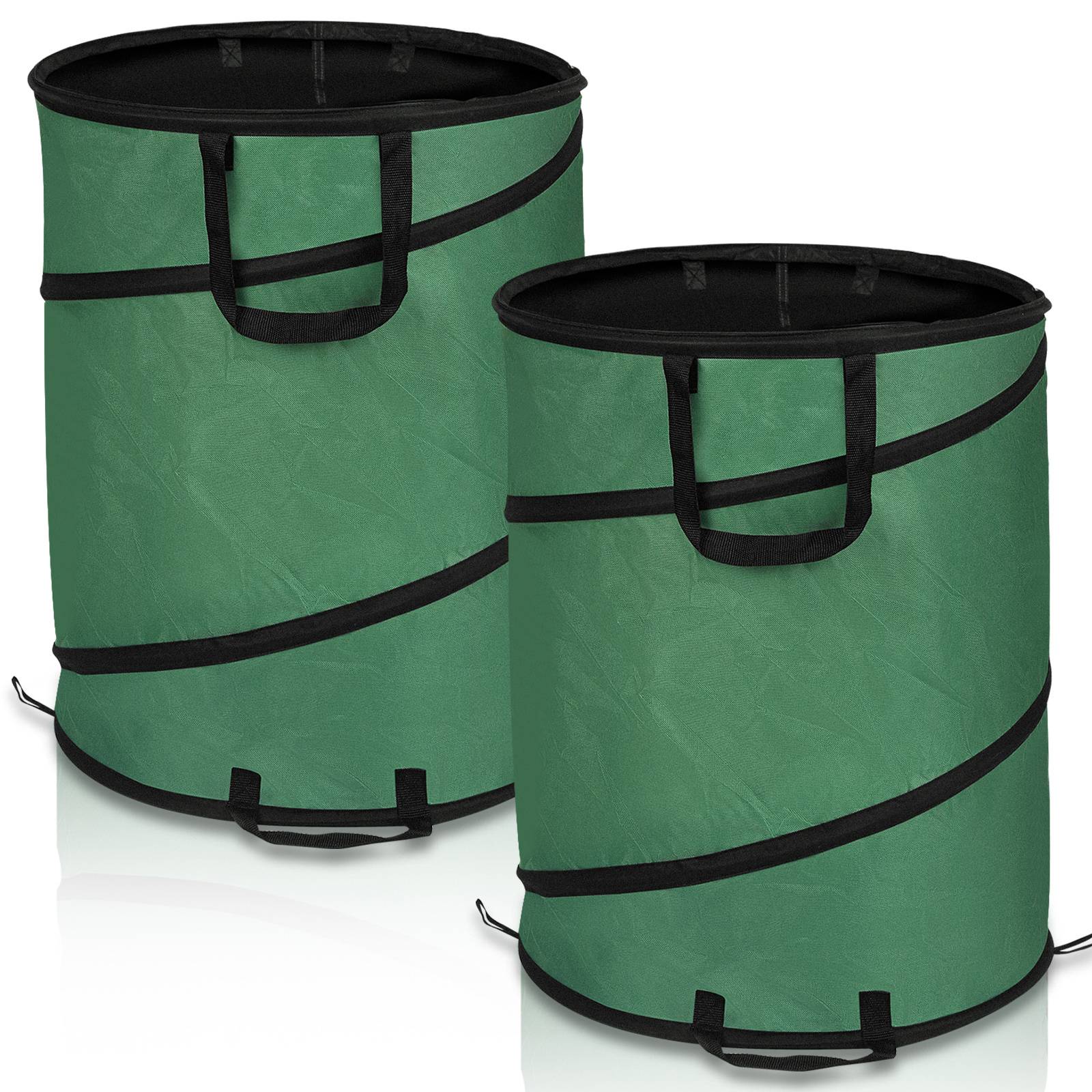 Zwei grüne zusammenklappbare Gartenabfallsäcke mit schwarzer Einfassung, ausgestattet mit horizontalen Riemen und Schlaufen für einfaches Tragen und Handling.