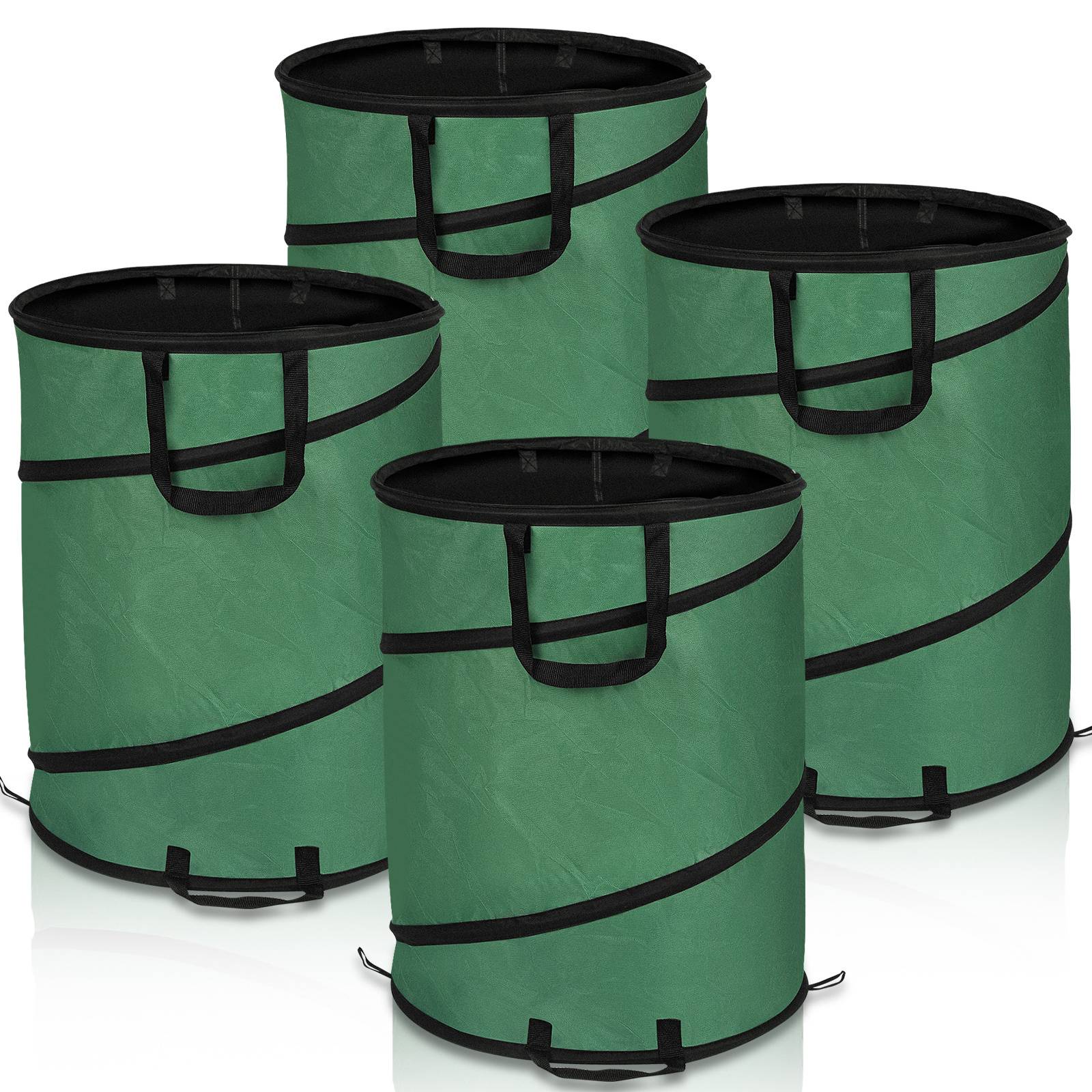 Vier grüne, zusammenklappbare Gartenabfallsäcke mit schwarzen Griffen werden angezeigt. Die Säcke sind offen und zum Sammeln von Gartenabfällen ausgelegt.