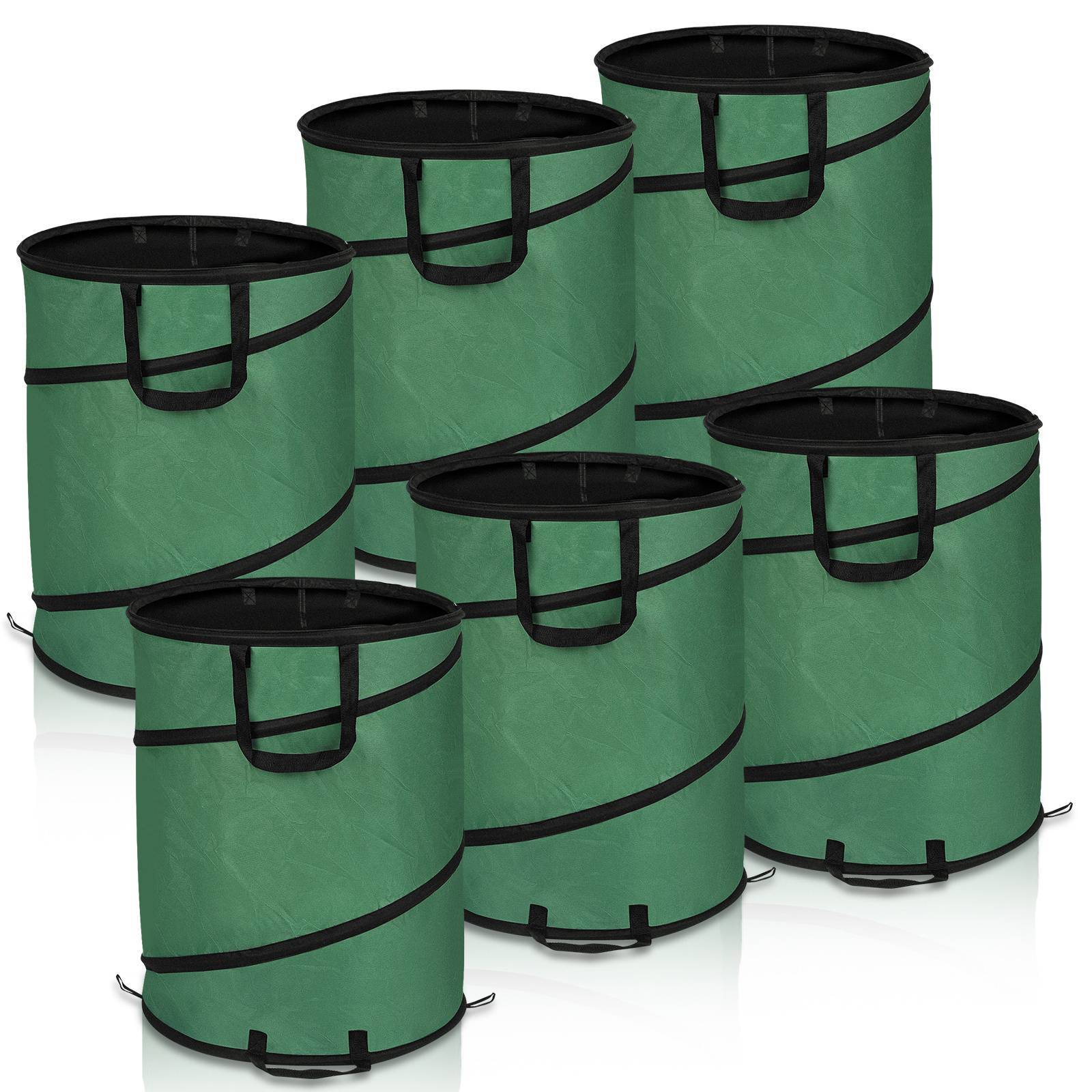 Sechs grüne zusammenklappbare Gartensäcke mit schwarzen Griffen in zwei Reihen angeordnet, nützlich zum Sammeln von Blättern oder Gartenabfällen.