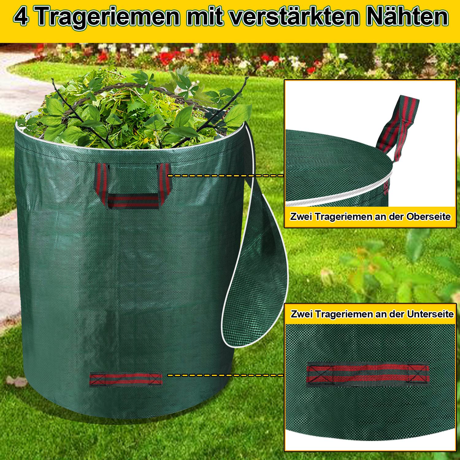 Großer grüner Gartensack gefüllt mit Blättern auf Gras, mit vier verstärkten Tragegriffen. Der Text lautet: „4 Tragegriffe mit verstärkter Naht.