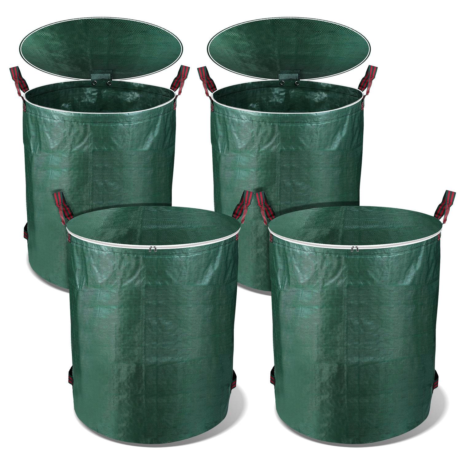 Vier große, grüne, zylindrische Gartenmüllsäcke mit Griffen; einer offen und drei geschlossen, verwendet zum Sammeln von Blättern und Abfällen.