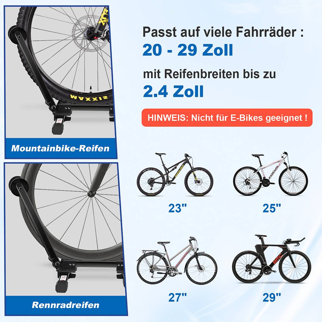 Deutsches Produktbild eines Fahrradständers, der zu vielen Fahrrädern passt: 20–29 Zoll Räder und Reifenbreiten bis zu 2,4 Zoll; nicht für E-Bikes geeignet.