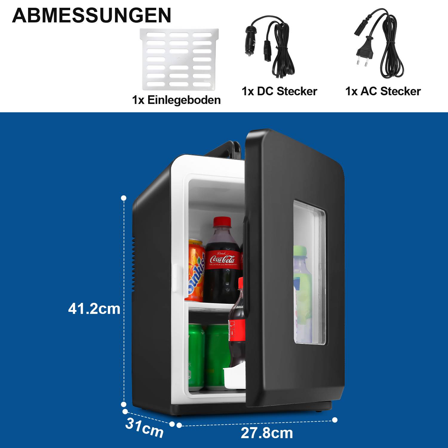 Ein kleiner schwarzer Kühlschrank mit einer durchsichtigen Tür ist geöffnet und zeigt Getränke im Inneren. Abmessungen: 41,2cm Höhe, 31cm Breite, 27,8cm Tiefe. Enthält ein Regal, DC- und AC-Kabel.