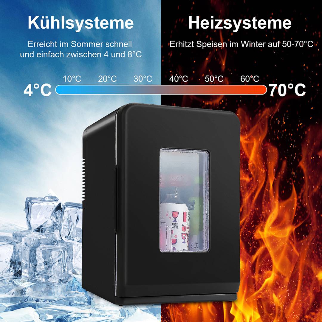Ein kompakter Kühlschrank mit einem Kühlsystem, das links zwischen Eis dargestellt ist, und einem Heizsystem auf der rechten Seite mit Flammen, mit Temperaturbereichs- und Funktionalitätsangaben für beide Systeme.