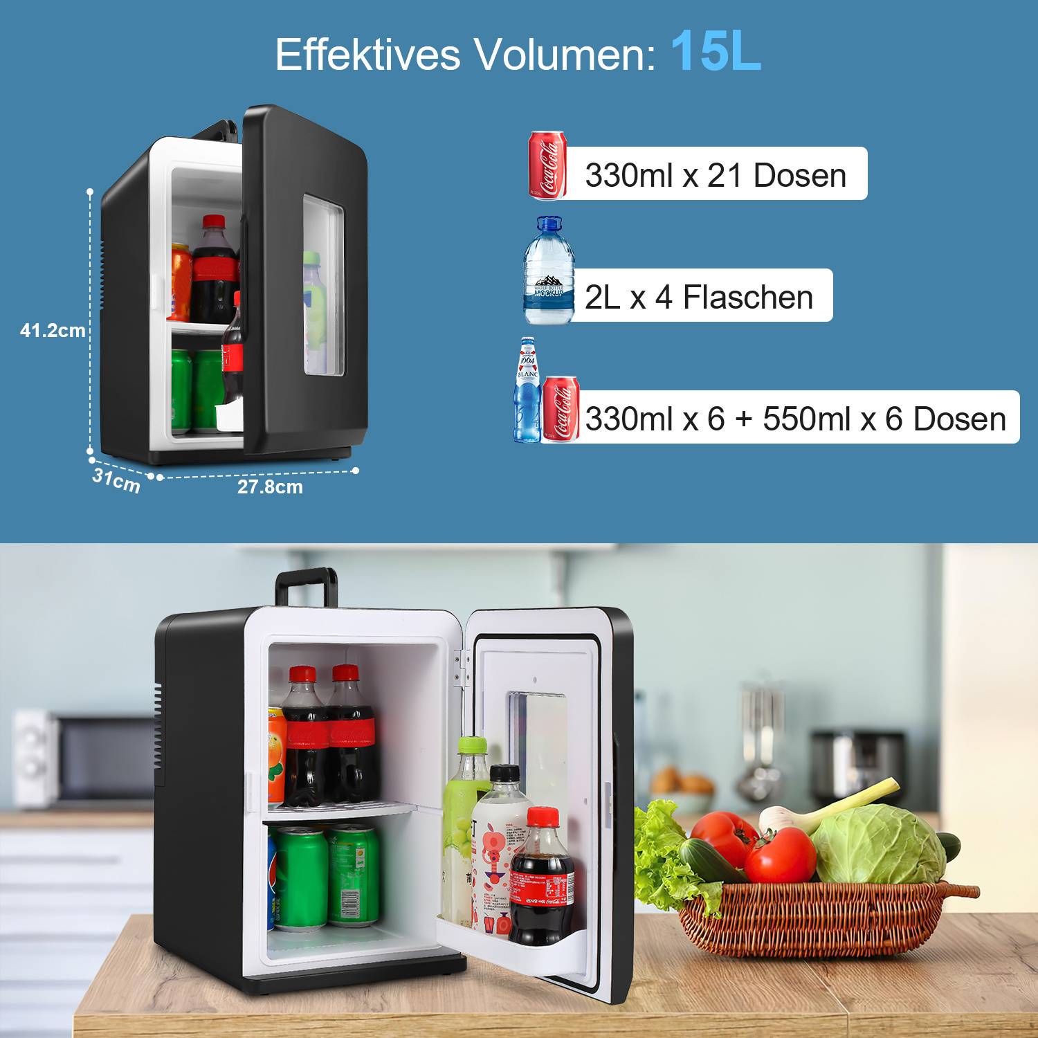 Ein Mini-Kühlschrank mit verschiedenen Getränken wie Sodadosen und Wasserflaschen. Abmessungen: 41,2 cm hoch, 27,8 cm tief, 31 cm breit, effektives Volumen 15 l.