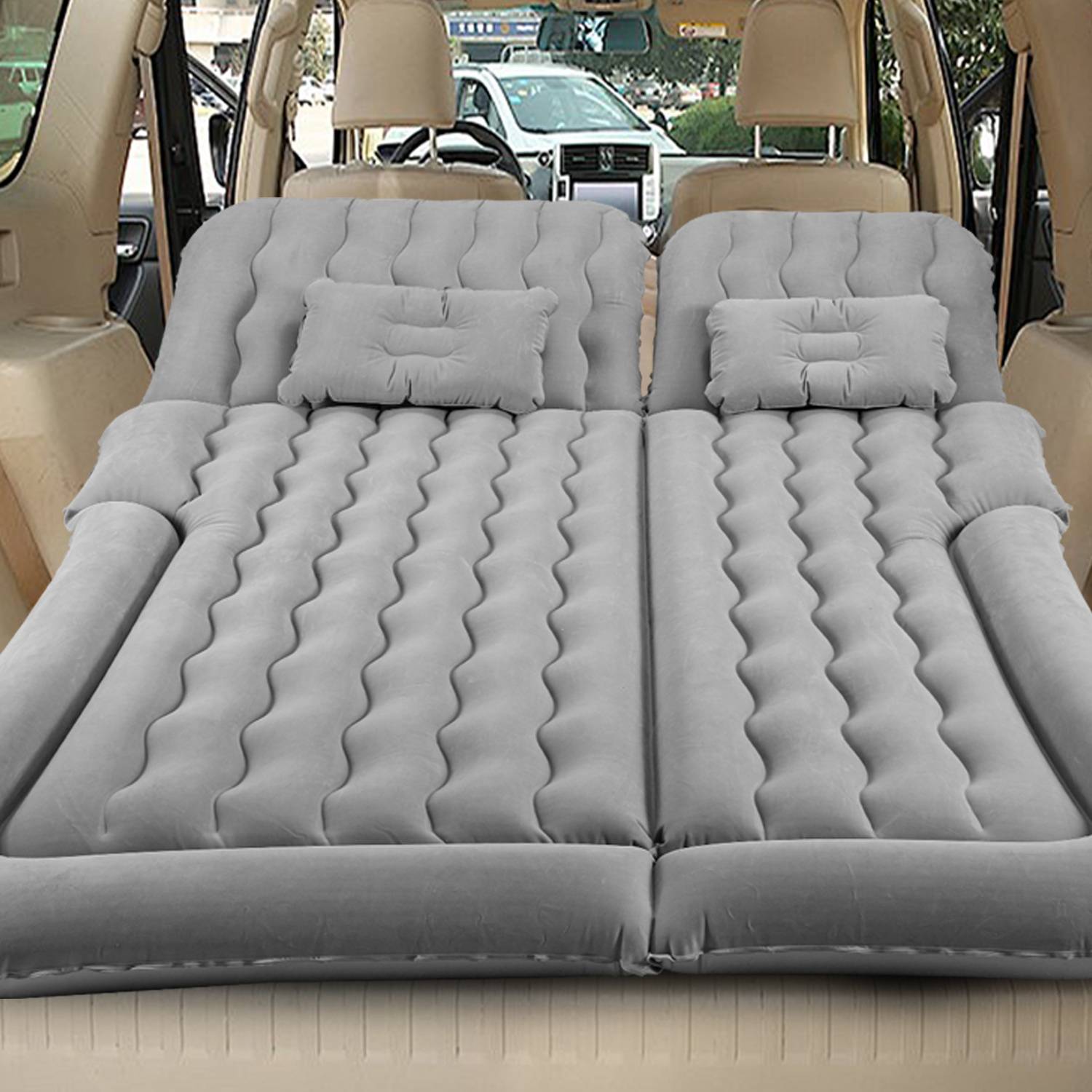 Auto Luftmatratze Luftbett Aufblasbares Camping Matratze für PKW SUV Kofferraum Rücksitz Reisebett Matratze mit Pumpe Kissen Autobett Grau