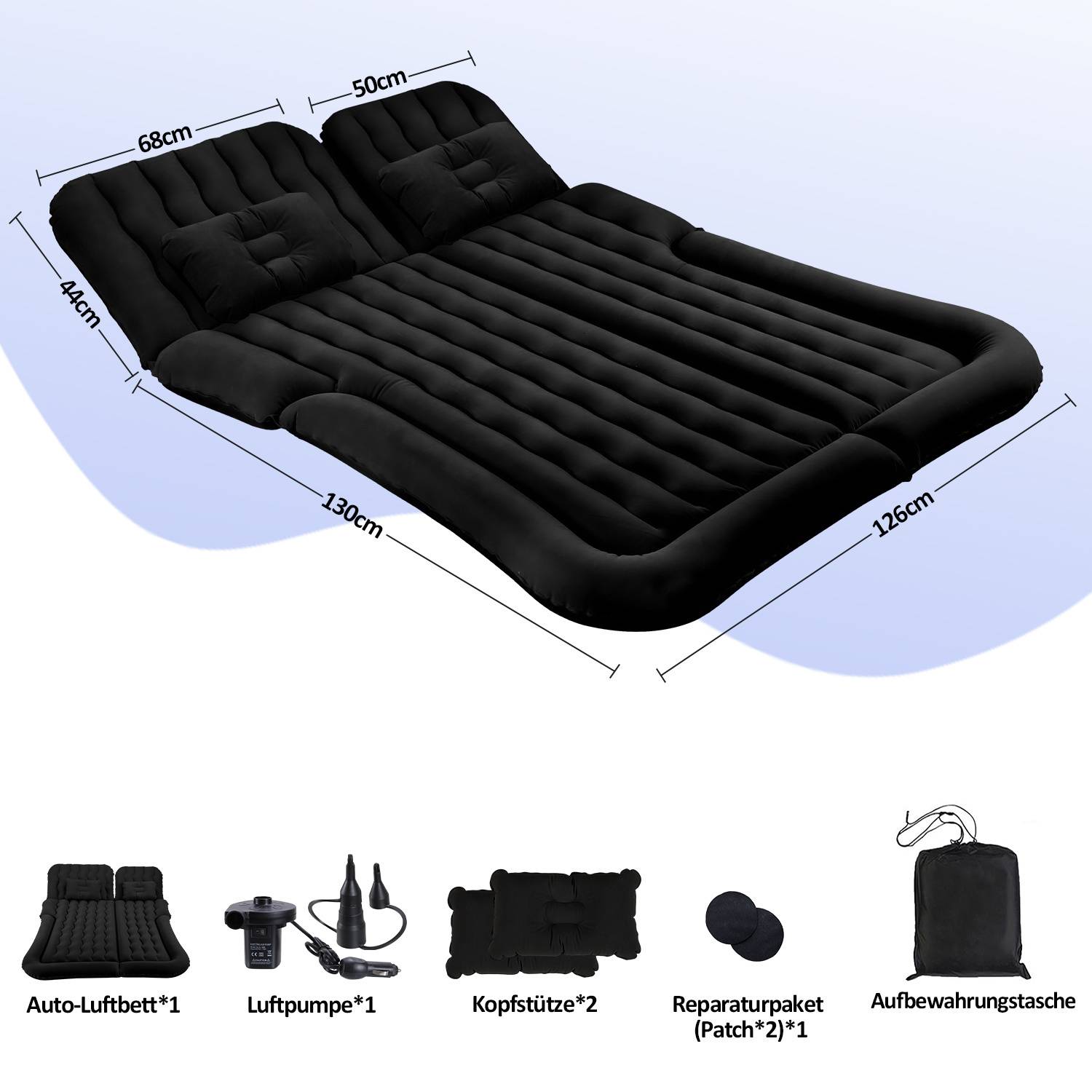 Aufblasbare schwarze Luftmatratze für die Rückbank des Autos, Abmessungen 130 cm x 126 cm. Enthalten sind eine Pumpe, zwei Kopfstützen, ein Reparaturset und eine Aufbewahrungstasche.