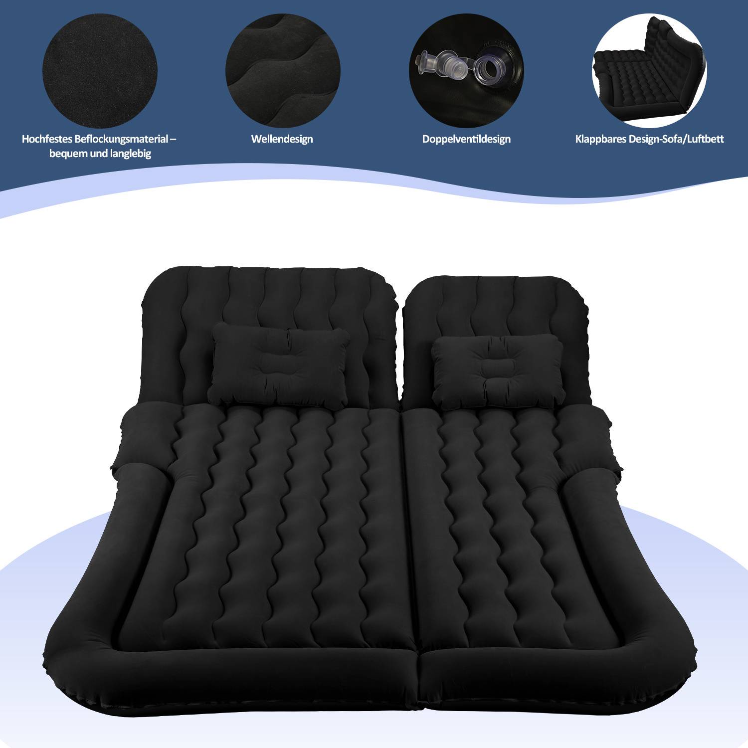 Schwarze aufblasbare Matratze mit erhöhten Kissen, ergonomisches Wellendesign, langlebiges Flockenmaterial und Doppelventil zum einfachen Aufblasen.