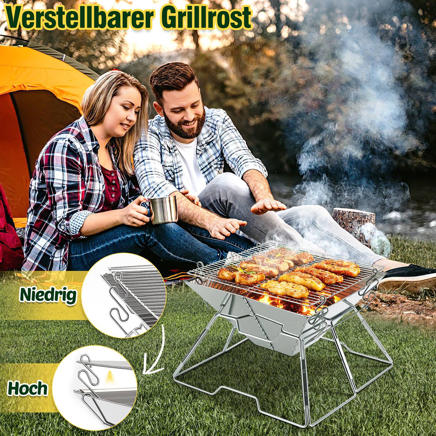 Ein Paar sitzt neben einem Zelt und nutzt ein verstellbares Grillrost zum Kochen von Hähnchen. Das Bild zeigt Grillhöhenoptionen mit den Beschriftungen „Niedrig