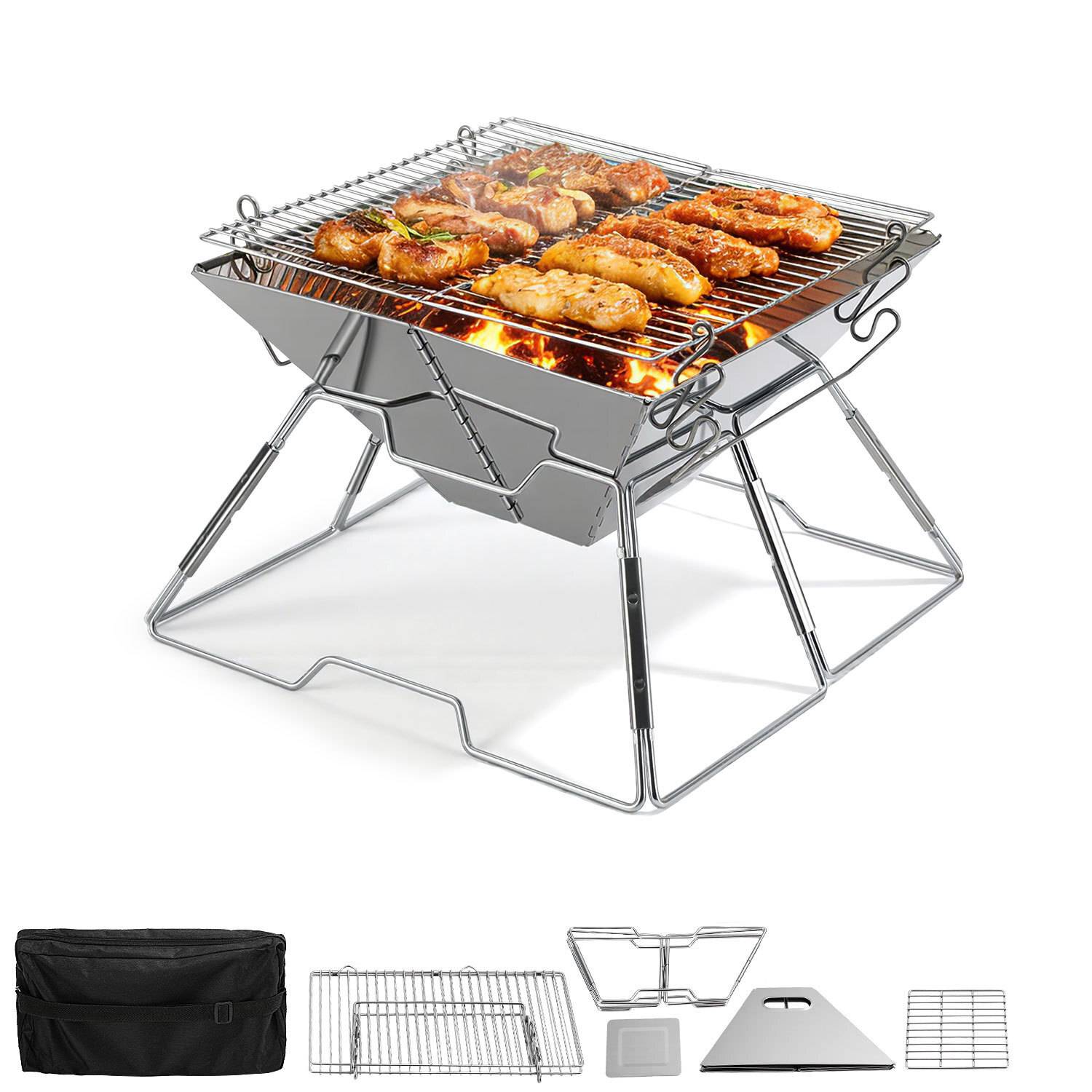Ein tragbarer Metallgrill mit Klappständer, auf dem Hähnchenstücke über offener Flamme gegart werden. Inklusive Transportkoffer und Montagekomponenten.