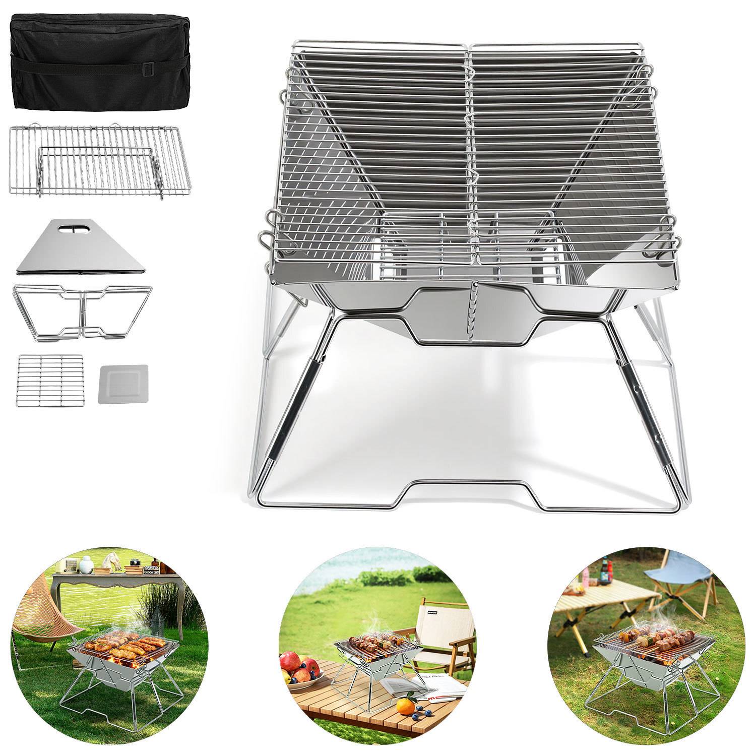 Tragbarer Edelstahl-Grillrost mit zusammengeklappter und montierter Ansicht. Enthält Transporttasche, Grillgitter und Grillen von Fleisch im Freien.