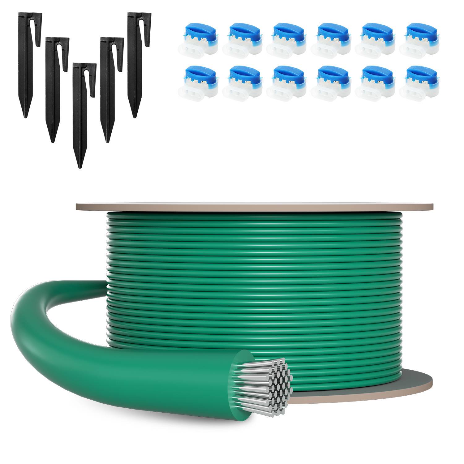 Eine Spule grünes Kabel mit Heringen und Steckverbindern, geeignet zum Aufstellen einer Außengrenze, möglicherweise für Gärten oder Haustiere.