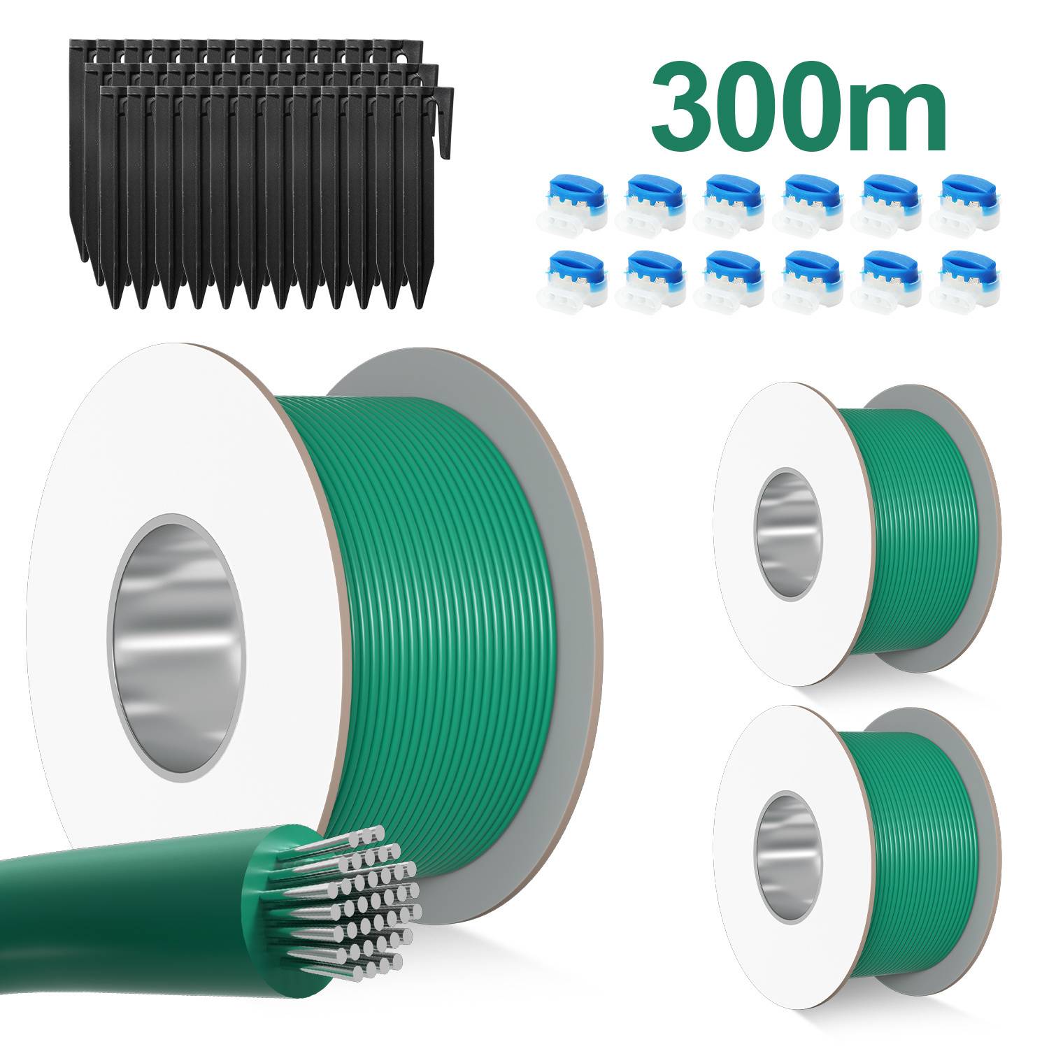 Grüne Drahtspule mit Etikett „300 Meter
