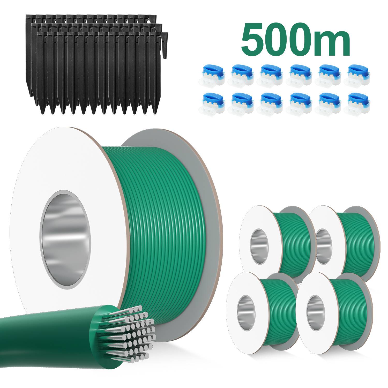 500m Draht-Set mit Steckverbindern und Heringen; enthält eine grüne Drahtspule, blaue und weiße Steckverbinder und schwarze Spitzen zur Installation.