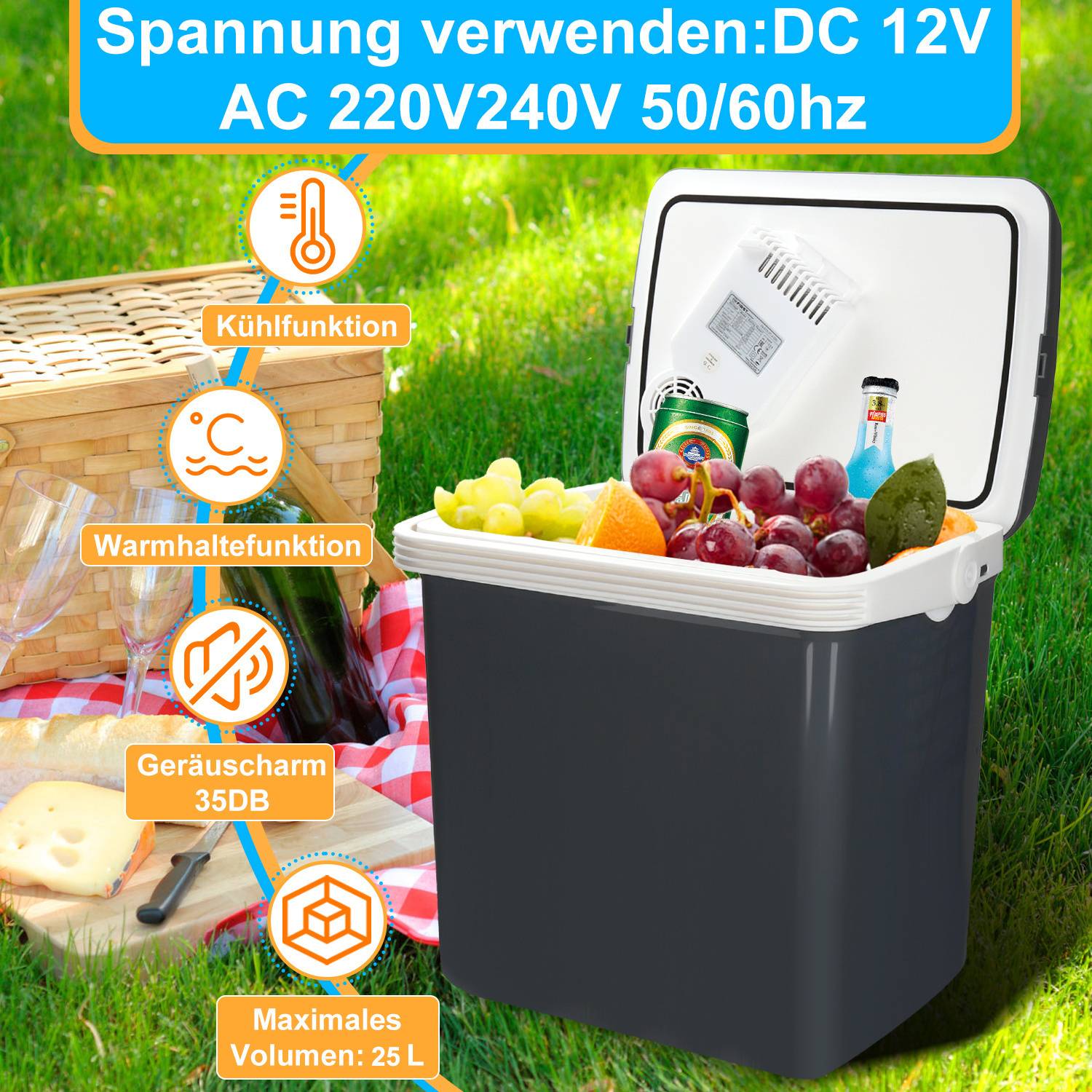 Tragbarer Kühlbehälter mit geöffnetem Deckel, der Getränke und Obst enthält, neben einem Picknickkorb. Features-Symbole: Kühlungsfunktion, Wärmungsfunktion, 35 dB Geräuschpegel, 25-Liter-Kapazität. Stromversorgung: DC 12V, AC 220-240V 50/60Hz.