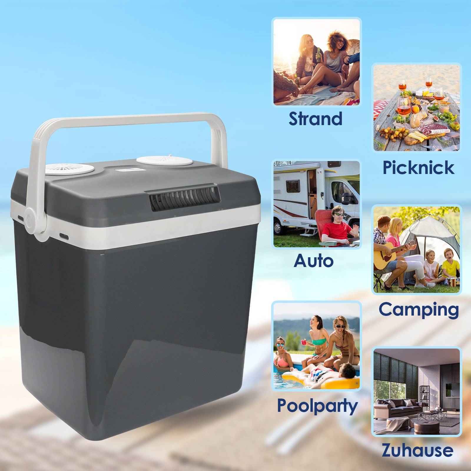 Ein tragbarer Kühlbox, ideal für den Strand, Picknicks, Autofahrten, Camping, Poolpartys und die Nutzung zu Hause, mit Bildern, die jedes Szenario illustrieren.