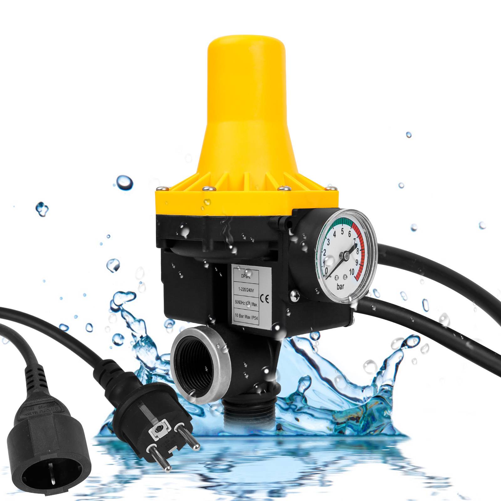 Gelbe Wasserpumpen-Druckregelanlage mit Manometer, Spritzeffekt und schwarzem Kabel.