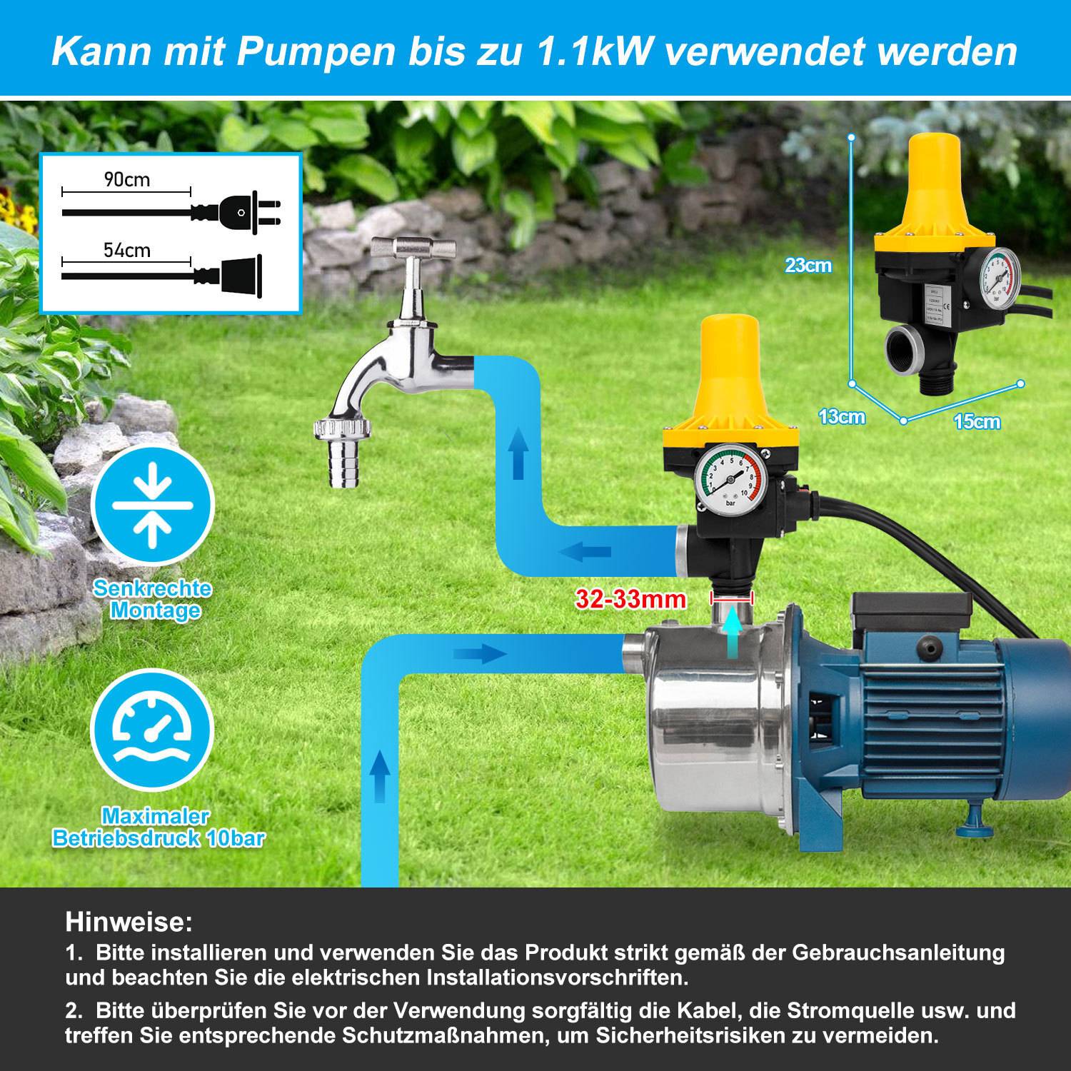 Pumpensteuerung Druckschalter Wasserpumpe mit Kabel Digitale Einstellbare Trockenlaufschutz Hauswasserwerk Druckwächter Gartenpumpe Drucktaster Gelb