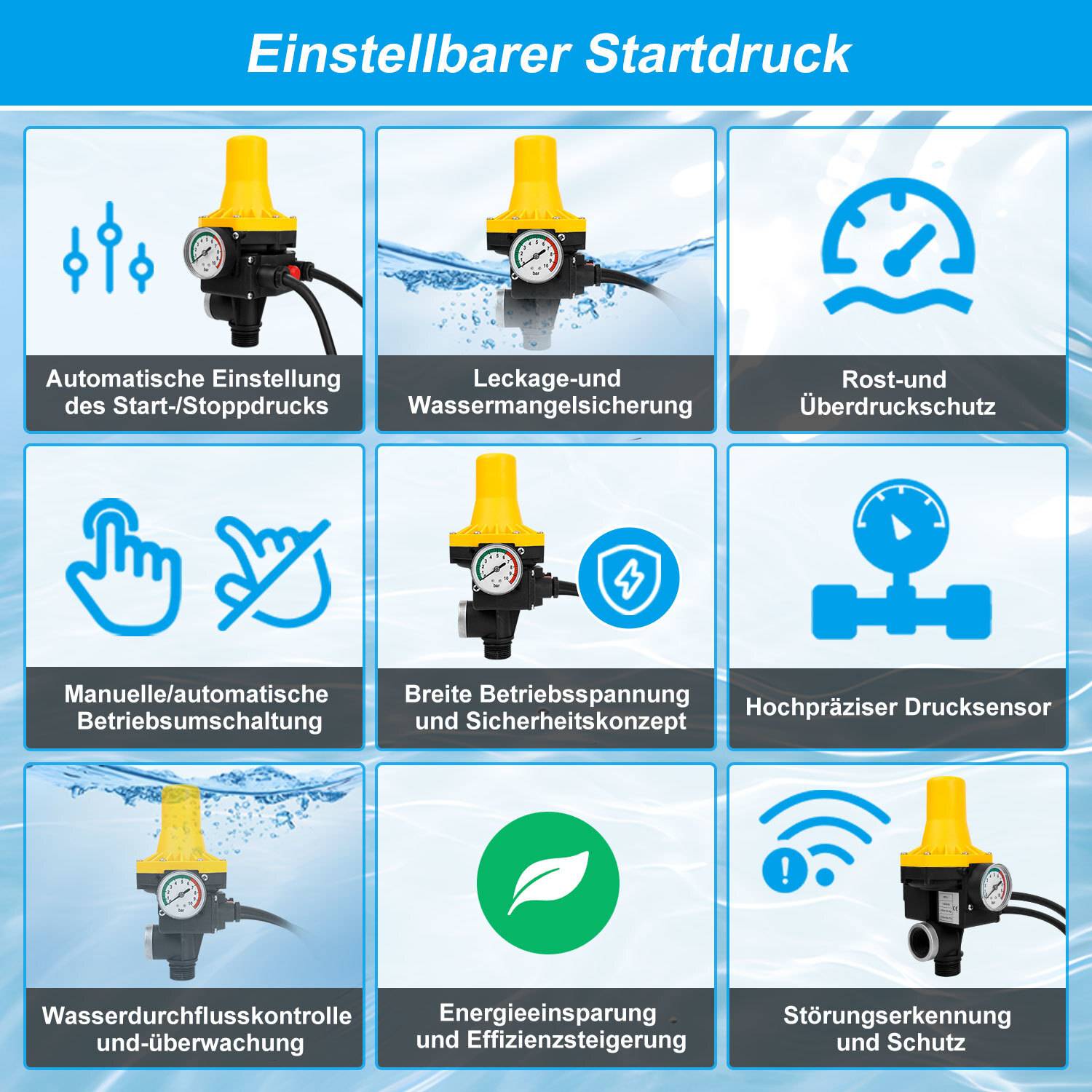 Einstellbarer Startdruck mit Symbolen und Text: automatische Start-/Stoppanpassung, Leck- und Wasserschutz, Rostschutz, manueller/automatischer Modus, breite Anwendungsbandbreite, Hochdruckbeständigkeit, Wasserflusskontrolle und -überwachung, Energieeinsparungen, Fehlererkennung.