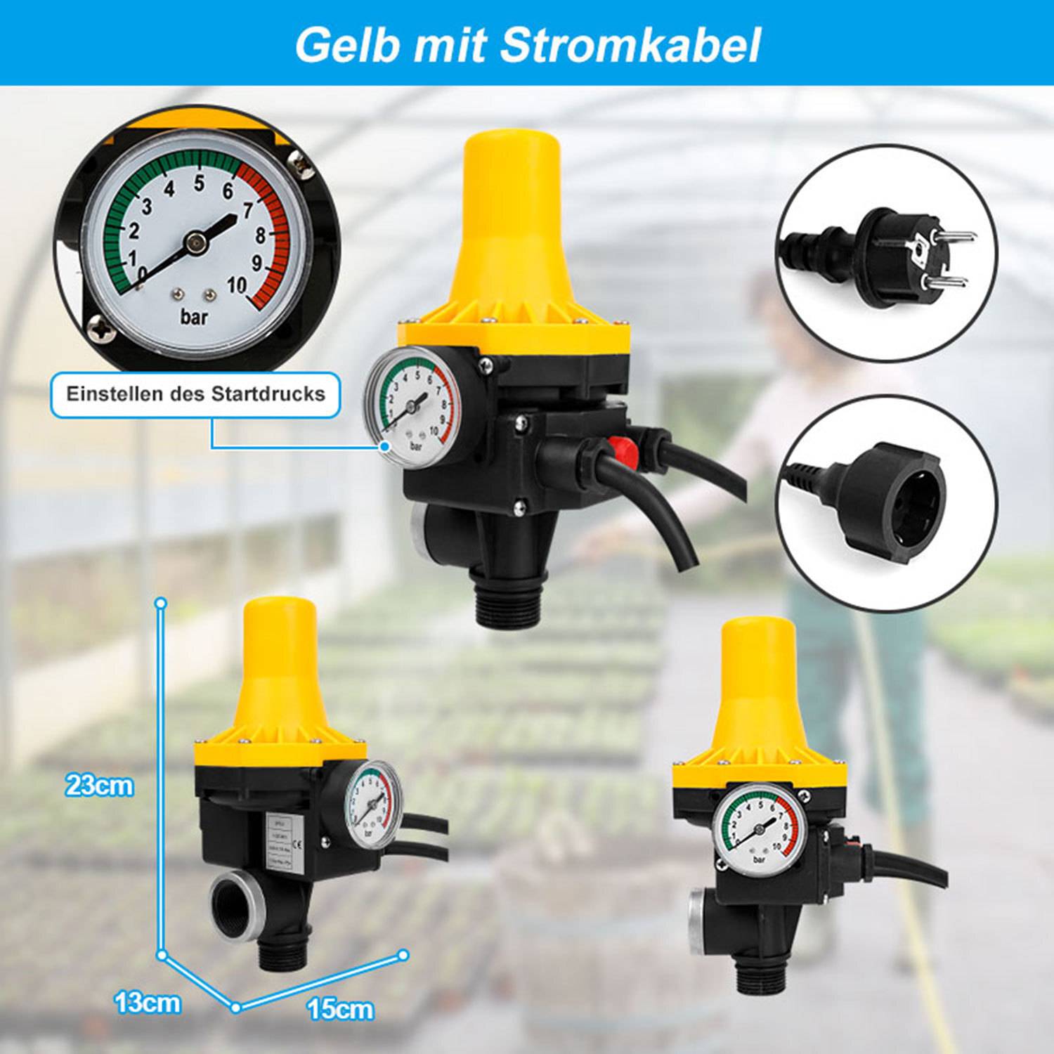 Pumpensteuerung Druckschalter Wasserpumpe mit Kabel Digitale Einstellbare Trockenlaufschutz Hauswasserwerk Druckwächter Gartenpumpe Drucktaster Gelb