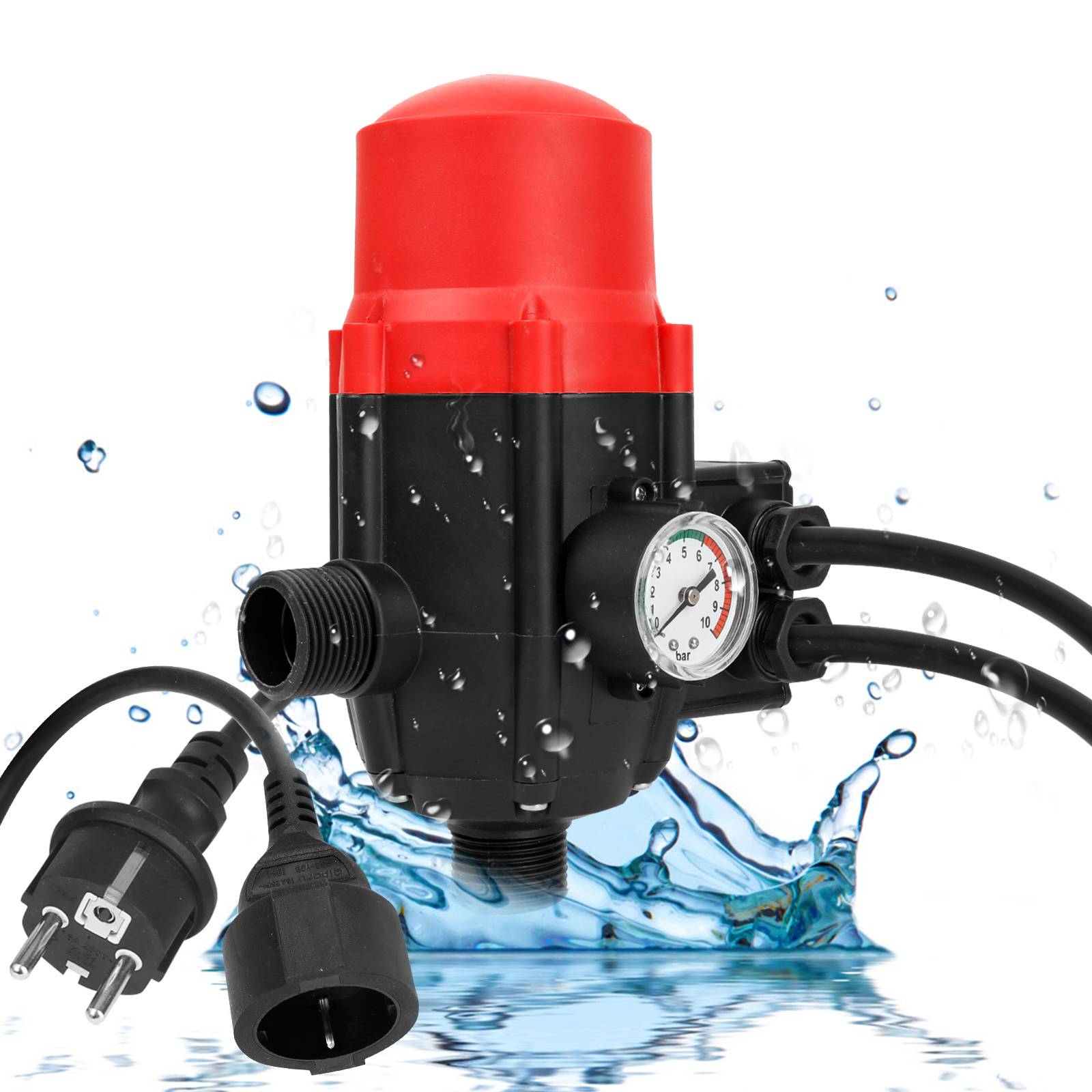 Ein rot-schwarzes Wasserpumpengerät mit angebrachten Kabeln, Druckanzeige und Stecker, umgeben von spritzendem Wasser, das auf wasserdichte Funktionalität hindeutet.