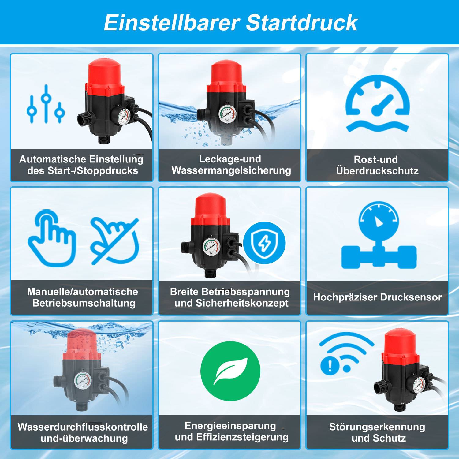 Pumpensteuerung Druckschalter Wasserpumpe mit Kabel Digitale Einstellbare Trockenlaufschutz Hauswasserwerk Druckwächter Gartenpumpe Drucktaster Rot