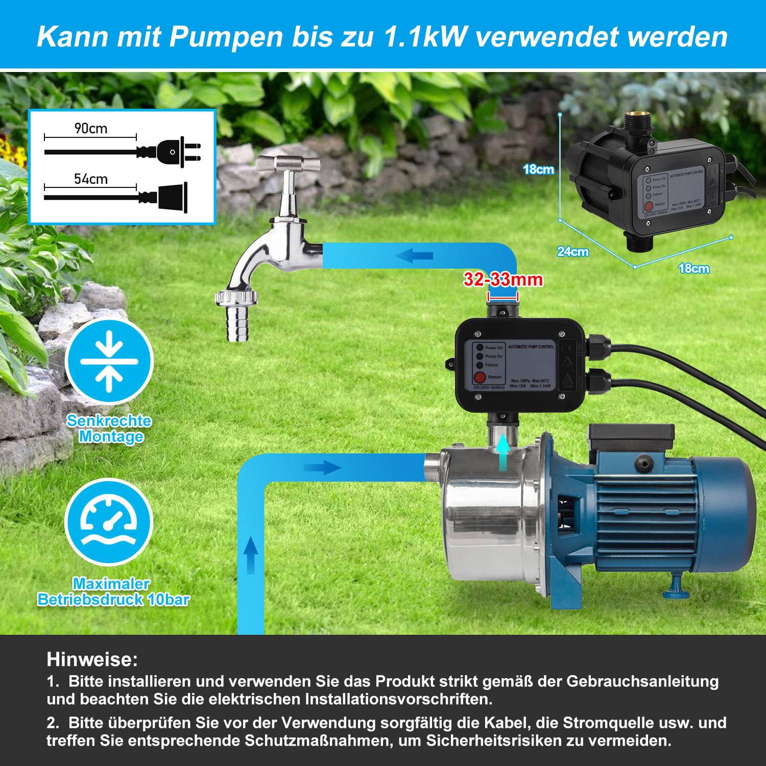 Diagramm eines Pumpensystems mit gekennzeichneten Komponenten: ein Wasserhahn, ein Sensor und eine Pumpe. Blaue Pfeile zeigen den Wasserfluss. Der deutsche Text enthält zusätzliche Details.