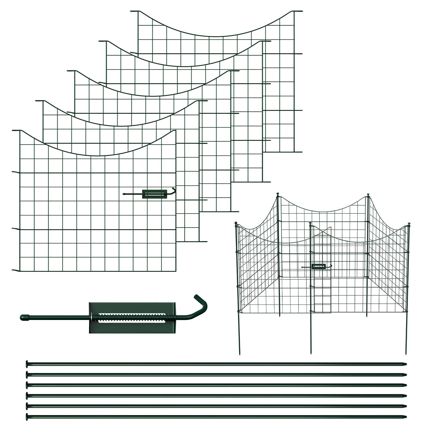 Metallischer Gartenzaunset mit Gitterpaneelen, Pfosten und Verschluss. Geeignet zur Einfriedung kleinerer Flächen und verbessert Sicherheit sowie Ästhetik.