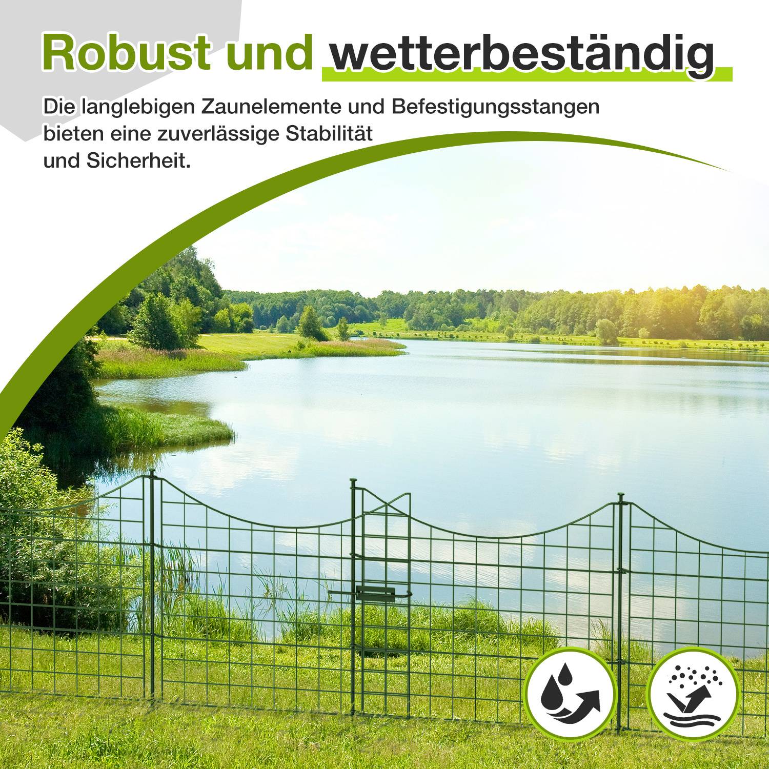 Eine Landschaft mit einem langlebigen, wetterbeständigen Zaun. Text in Deutsch hebt Stabilität und Sicherheit hervor. Icons für UV-Schutz und Wasserbeständigkeit werden angezeigt.