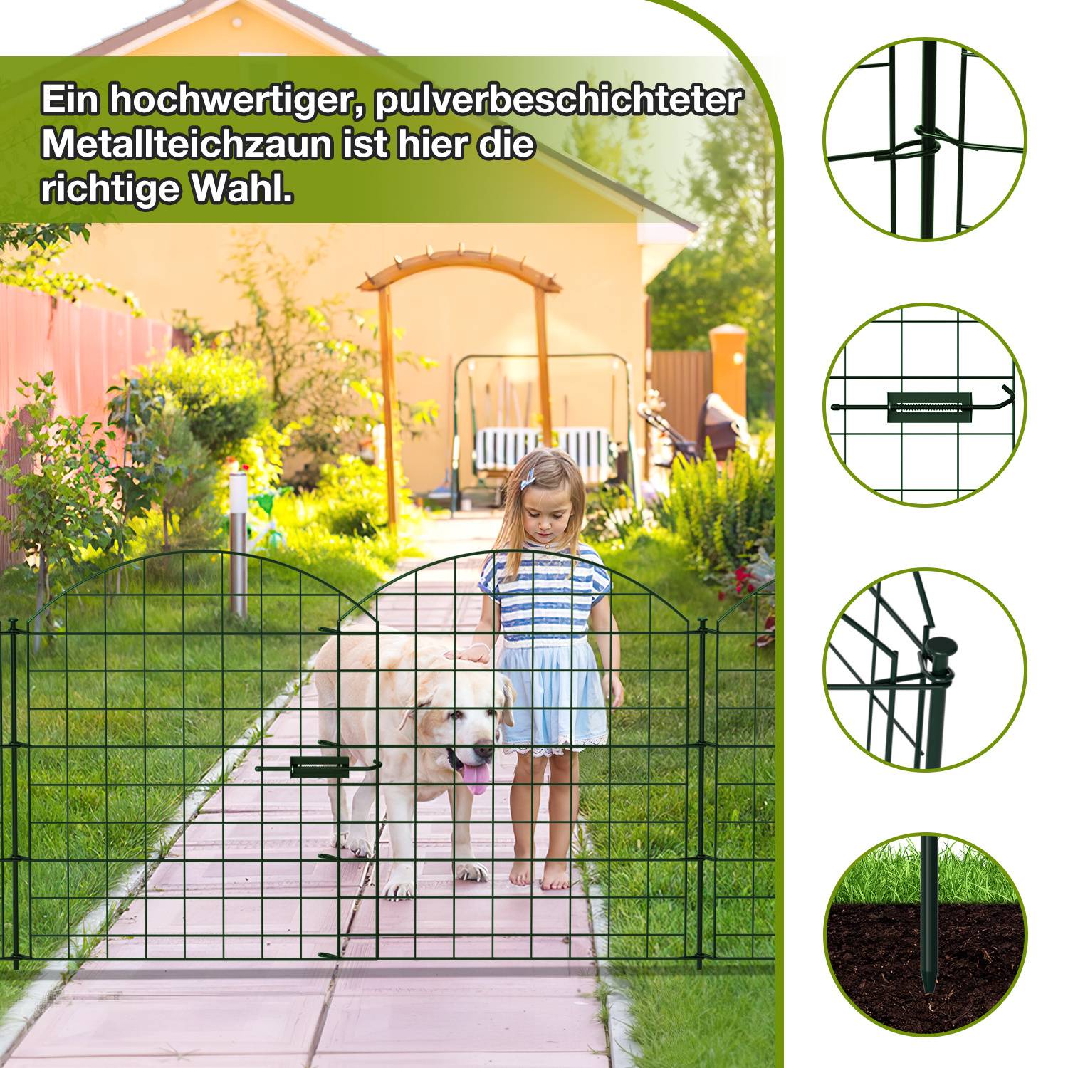 Ein Mädchen und ein Hund stehen hinter einem grünen Metallgartentor. Der deutsche Text erwähnt eine hochwertige, pulverbeschichtete Metallzaunwahl.