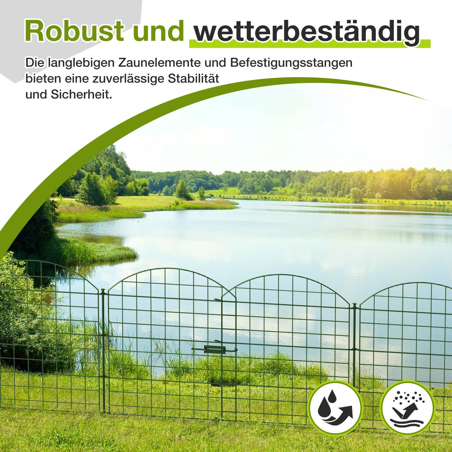Eine malerische Flusslandschaft mit grünen Bäumen und Gras. Der Text lautet „Robust und wetterbeständig