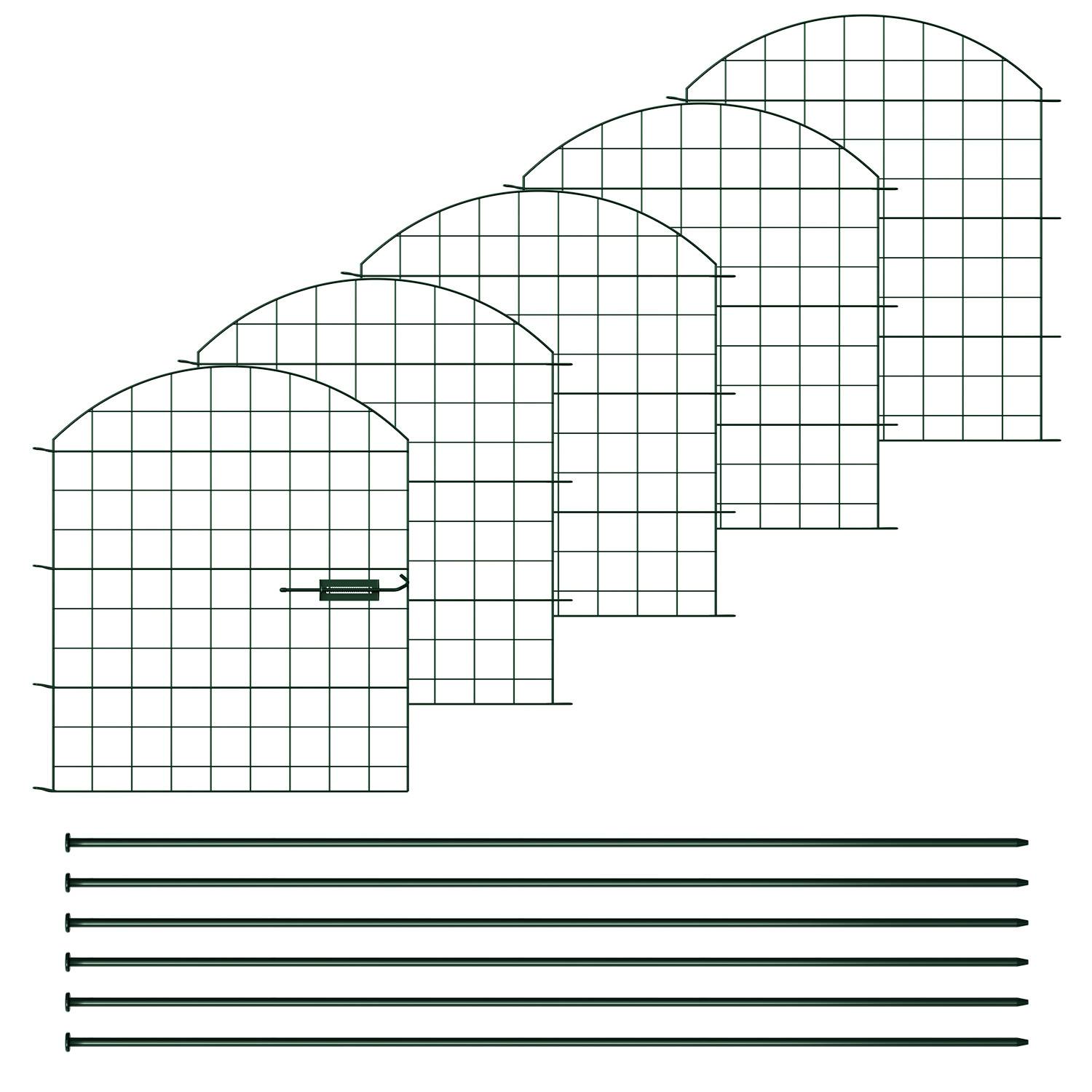 Diagramm aus fünf überlappenden gewölbten Gitterpanelen über sechs horizontalen Linien, was gestapelte Gewächshausbereiche oder Zaunabschnitte andeutet, sowie ein kleines Verbindungselement.
