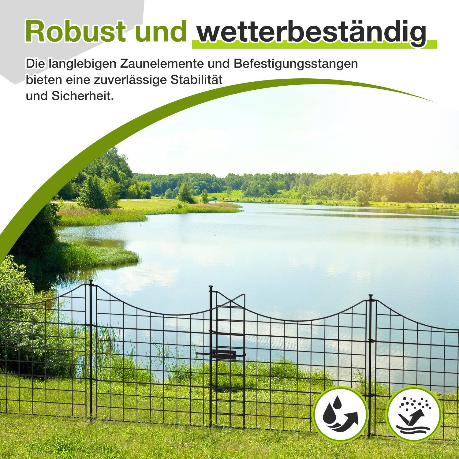 Ein Metallzaun umgibt eine Grünfläche in der Nähe eines Gewässers. Der Text lautet „Robust und wetterbeständig