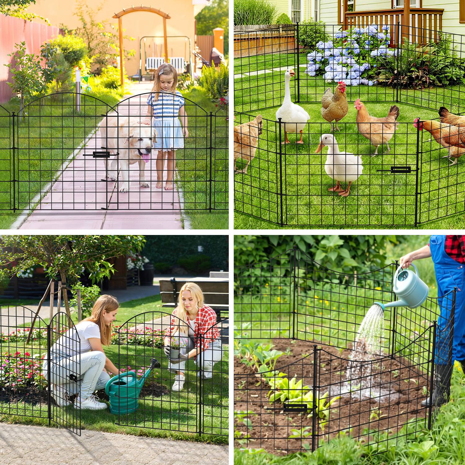 Vier Bilder zeigen verschiedene Verwendungen von Metallgartenzäunen: Kind mit Hund, Enten und Hühner im Gehege, Menschen beim Gärtnern und Pflanzen bewässern.