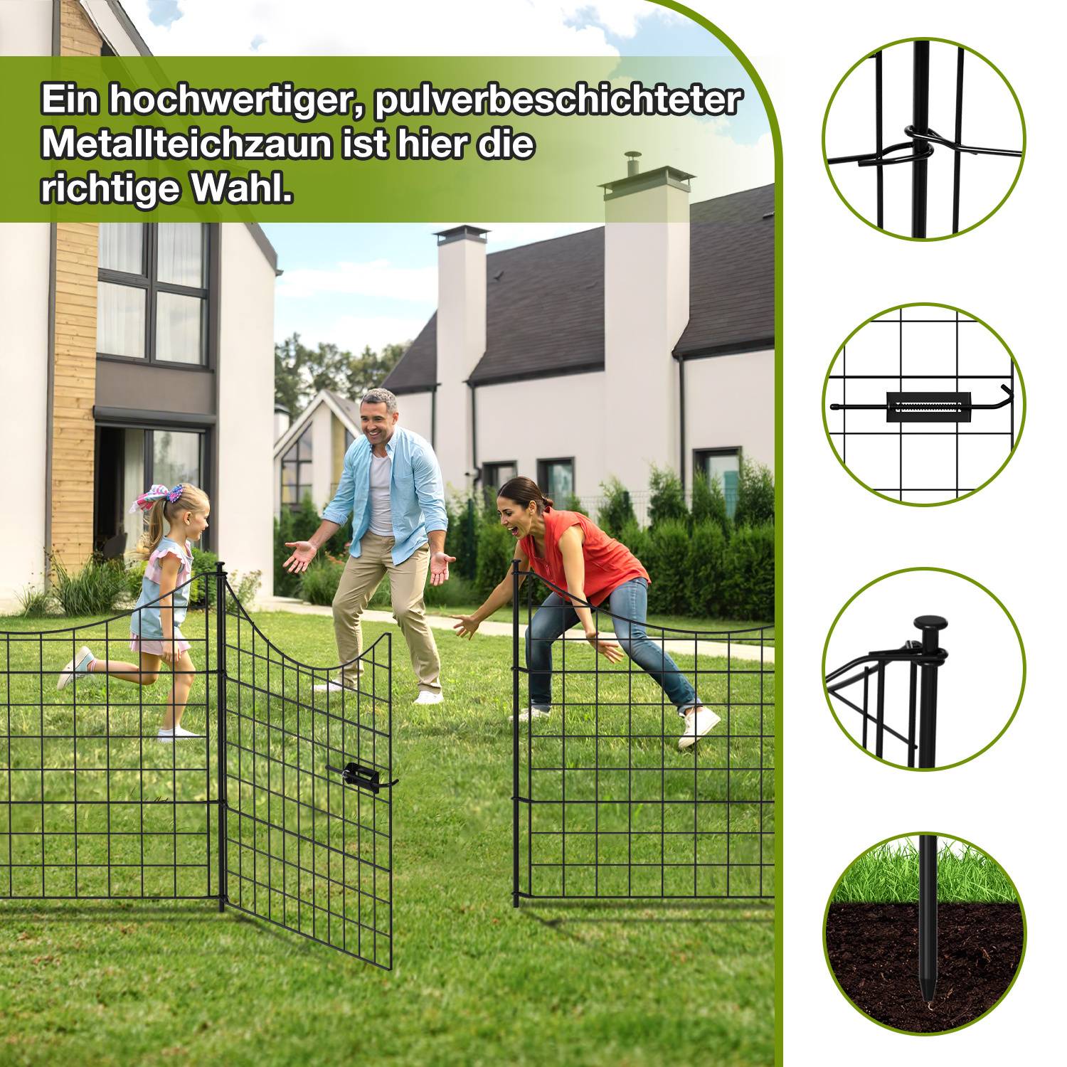 Eine Familie spielt glücklich in einem Hof, der von einem schwarzen Metallmaschendrahtzaun umgeben ist. Das Bild hebt die Merkmale und Vorteile des Zauns hervor.