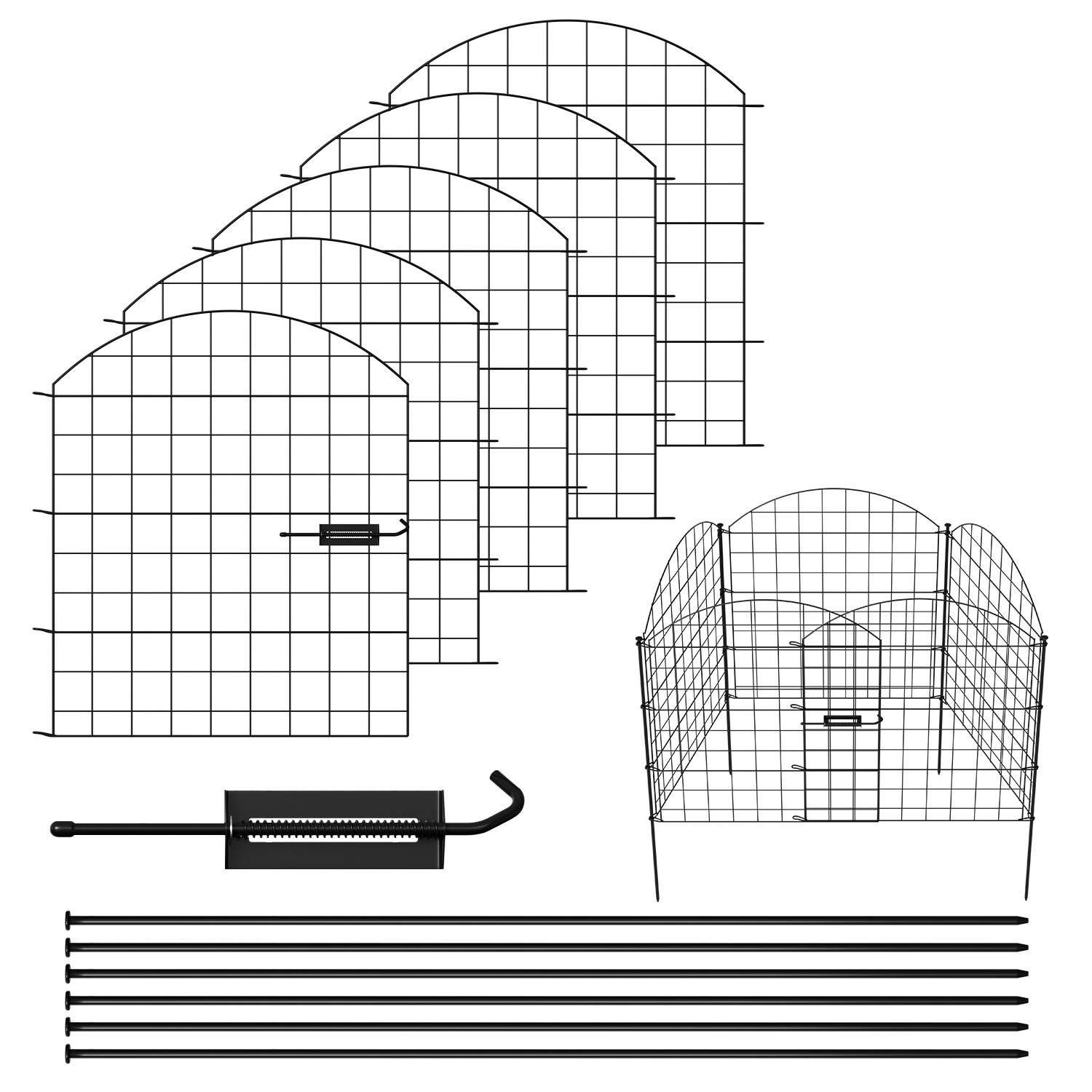 Diagramm mit Montageteilen für eine Drahtlagereinheit, einschließlich gekrümmter Paneele, eines Türelements, horizontaler und vertikaler Stangen sowie eines Griffs.