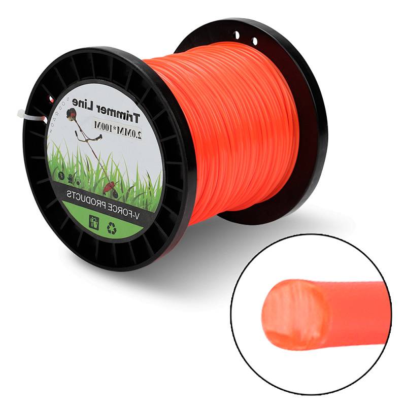 Eine Spule mit leuchtend orangefarbener Schnur mit der Bezeichnung „Trimmer Line