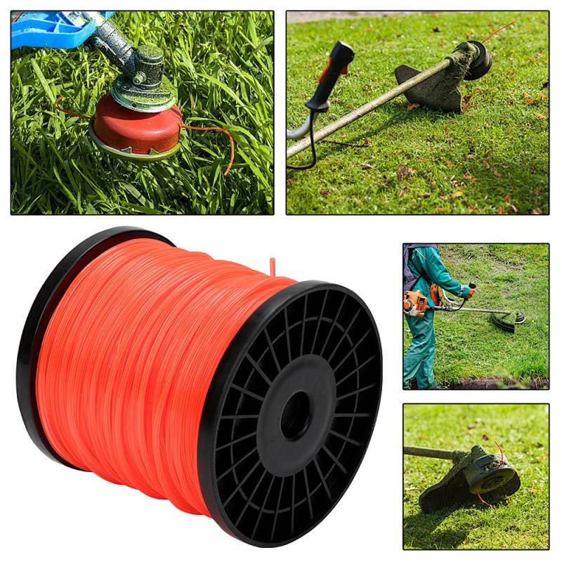 Eine Collage zeigt eine Spule mit orangem Rasentrimmerfaden und mehrere Bilder eines Rasentrimmers, der Gras schneidet.