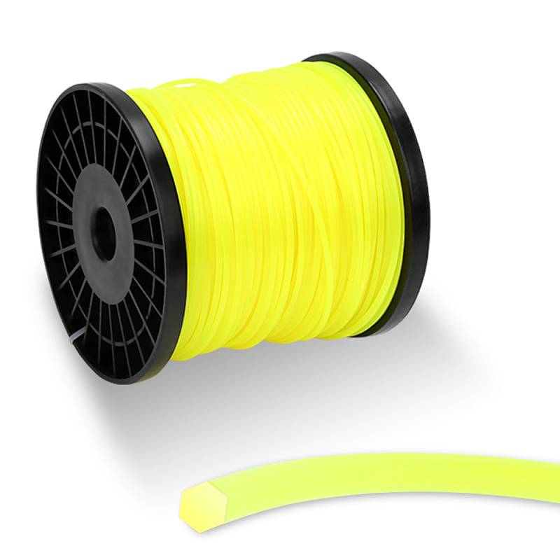 Eine Spule mit leuchtend gelbem Filament zum 3D-Druck, teilweise abgewickelt, mit einem kleinen Filamentabschnitt, der vorne gezeigt wird.