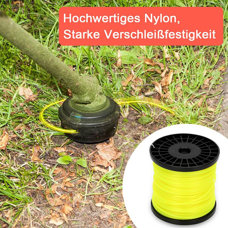 Ein gelber Nylonfaden sitzt neben einem Rasentrimmer-Kopf, der ähnliche Schnüre verwendet. Der deutsche Text lautet „Hochwertiges Nylon, Starke Verschleißfestigkeit.
