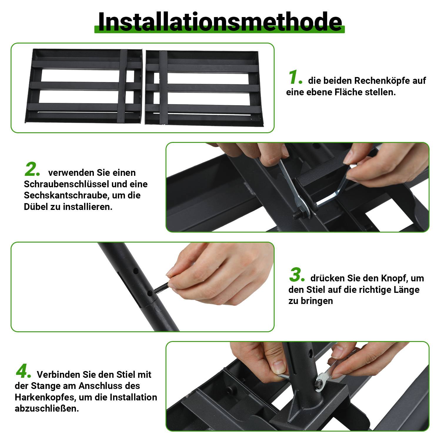 Installationsmethode' Schritte zum Zusammenbau: 1. Köpfe auf eine ebene Fläche positionieren. 2. Stecker mit Schraubenschlüssel/Sechskantschlüssel installieren. 3. Verlängerungsstab einstellen. 4. Stab an der Halterung befestigen, um die Installation abzuschließen.