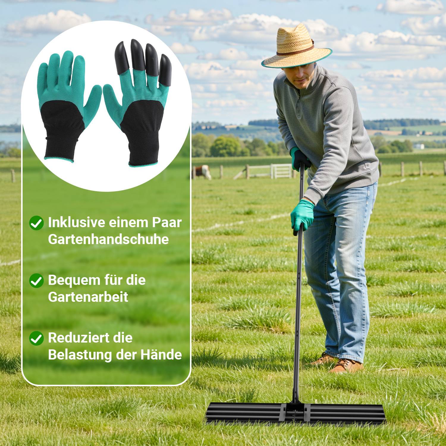 Eine Person benutzt einen großen Rechen auf Gras, trägt grüne Handschuhe und einen Hut. Die Vergrößerung zeigt Handschuhe und Text: 'Inklusive einem Paar Gartenhandschuhe', 'Bequem für die Gartenarbeit', 'Reduziert die Belastung der Hände.