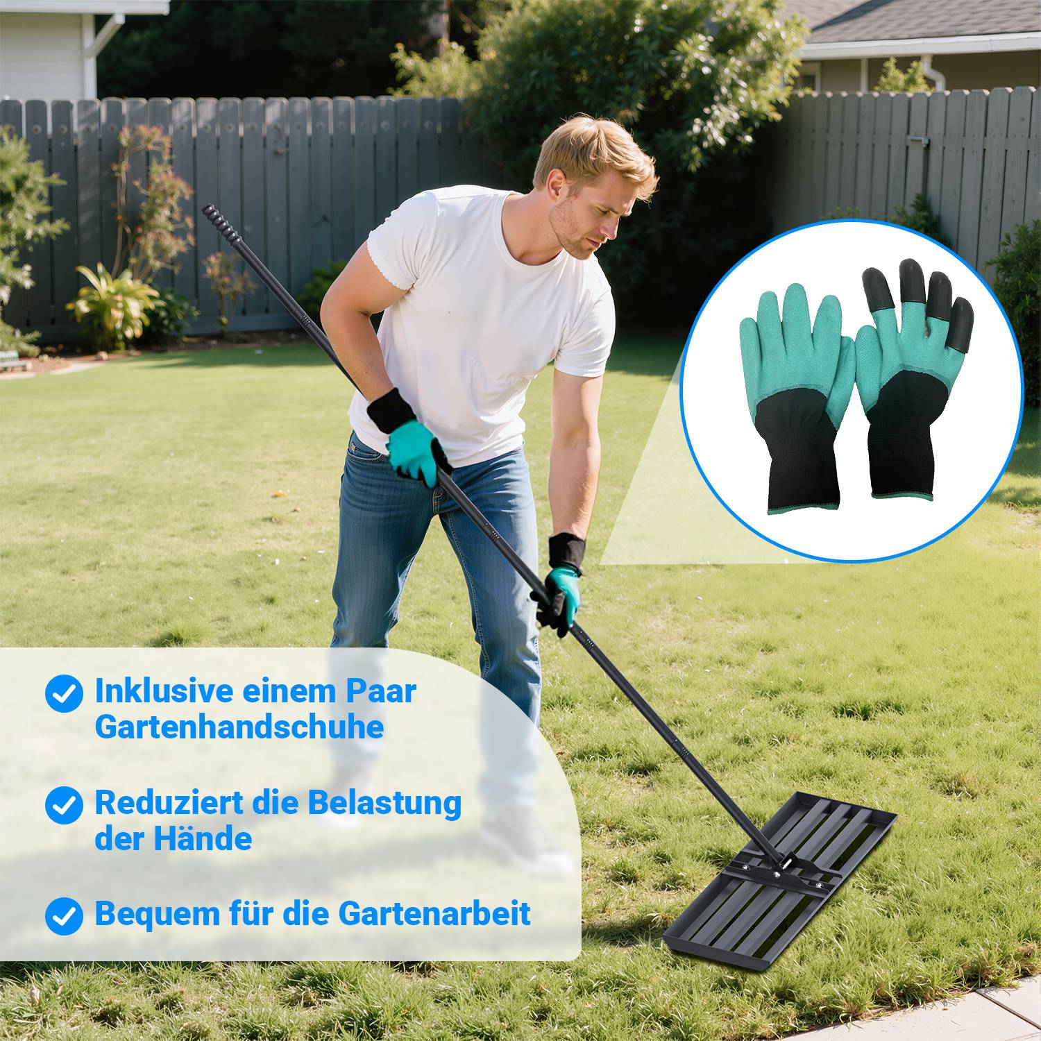 Eine Person harkt Gras in einem Garten, während sie Handschuhe trägt. Die Einblendung zeigt ein Paar Gartenhandschuhe. Der Text hebt die Vorteile von Komfort und verringerter Handbelastung hervor.