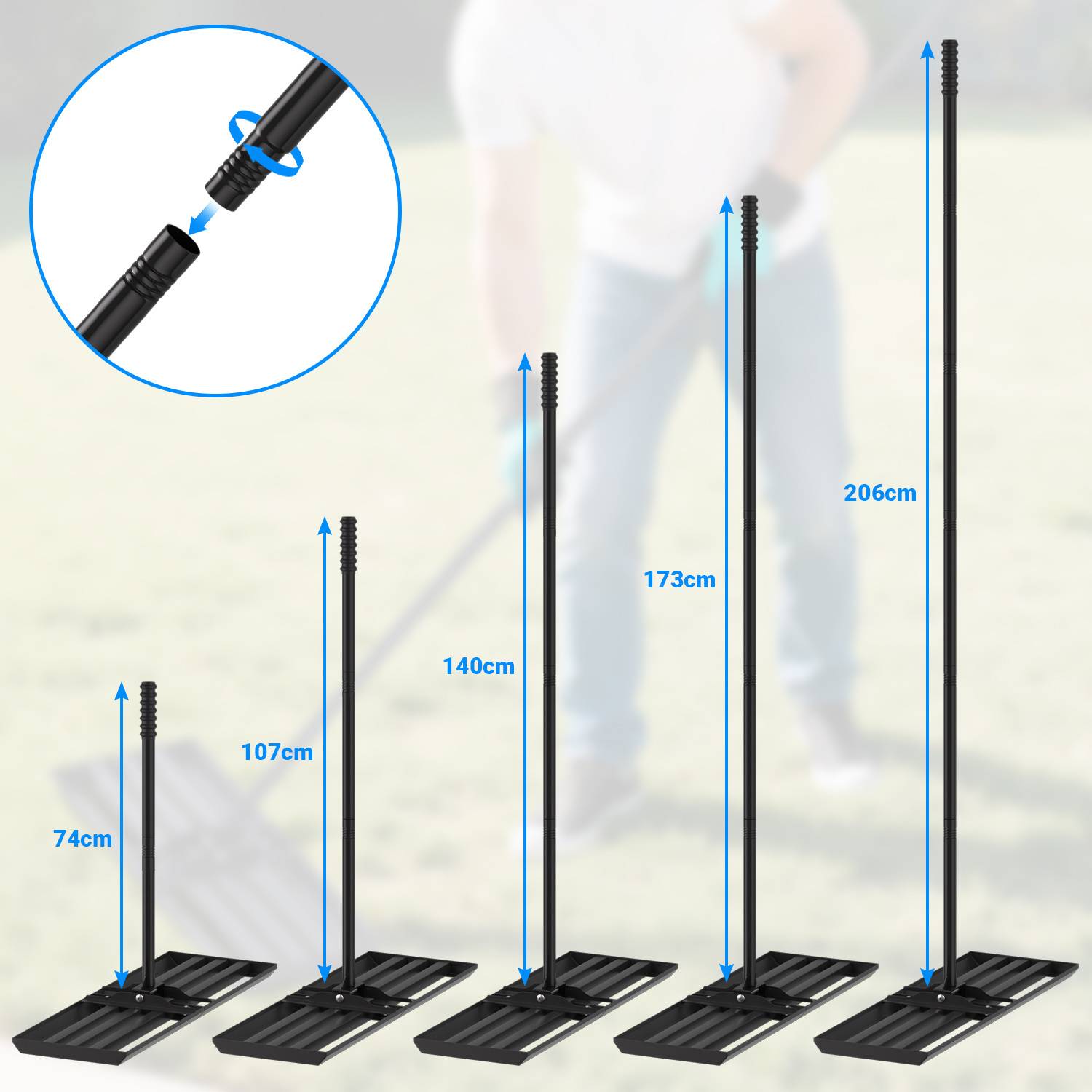 Verstellbarer Rechen mit Griff, der verschiedene Längen von 74 cm bis 206 cm für unterschiedliche Aufgaben zeigt. Das Diagramm hebt den Ausziehungsmechanismus hervor.