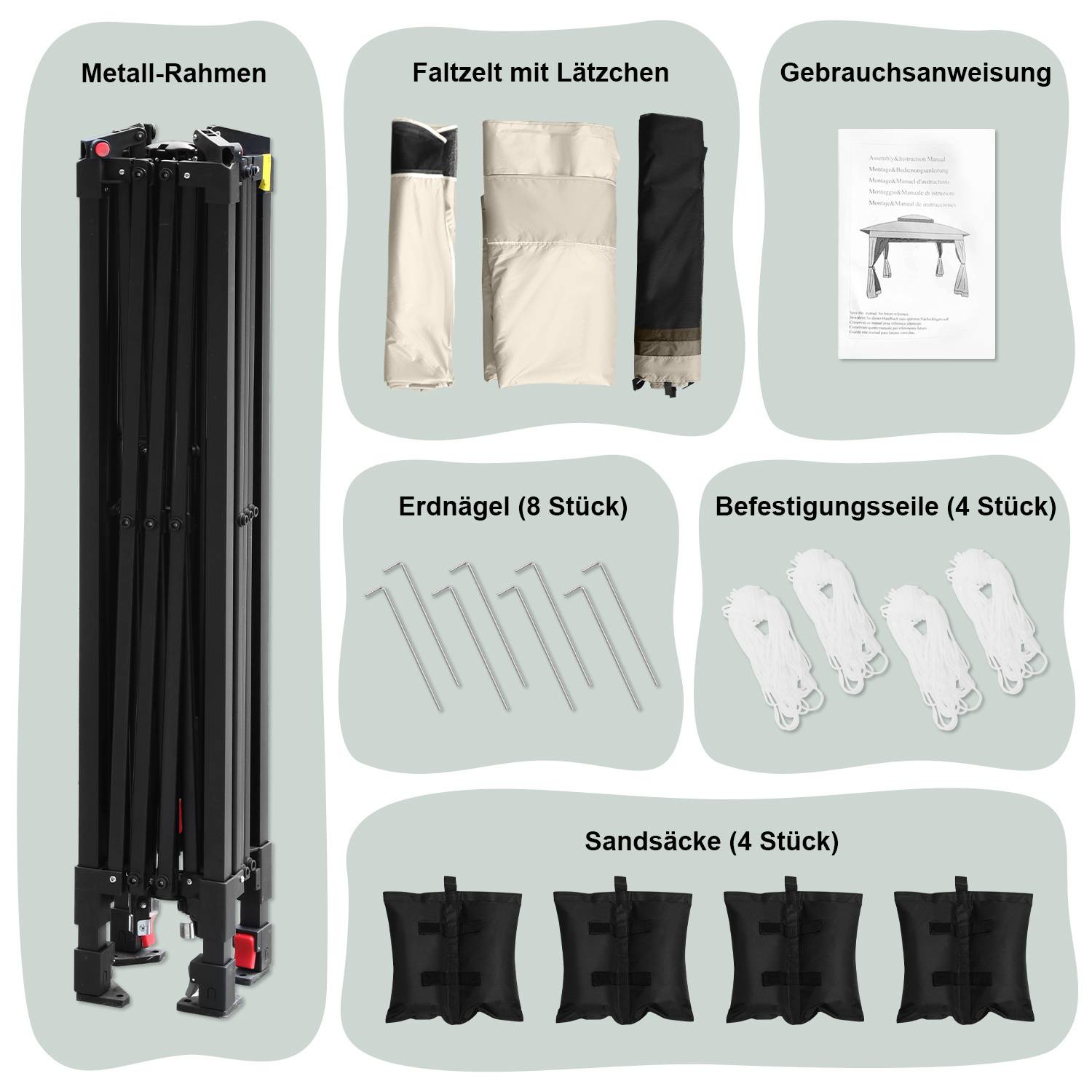 Der Paketinhalt ist in Fächern dargestellt: Metallrahmen, Stoffabdeckungen, Anleitung, Erdnägel (4), Seile (4) und Sandsäcke (4).