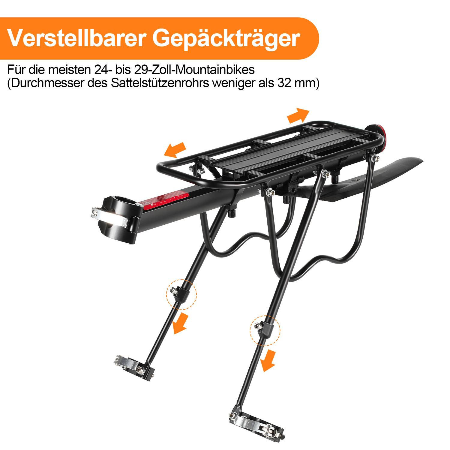 Verstellbarer Fahrradständer für die meisten 24- bis 29-Zoll-Mountainbikes; passt auf Sattelrohrdurchmesser unter 32 mm; verfügt über einfache Montage.