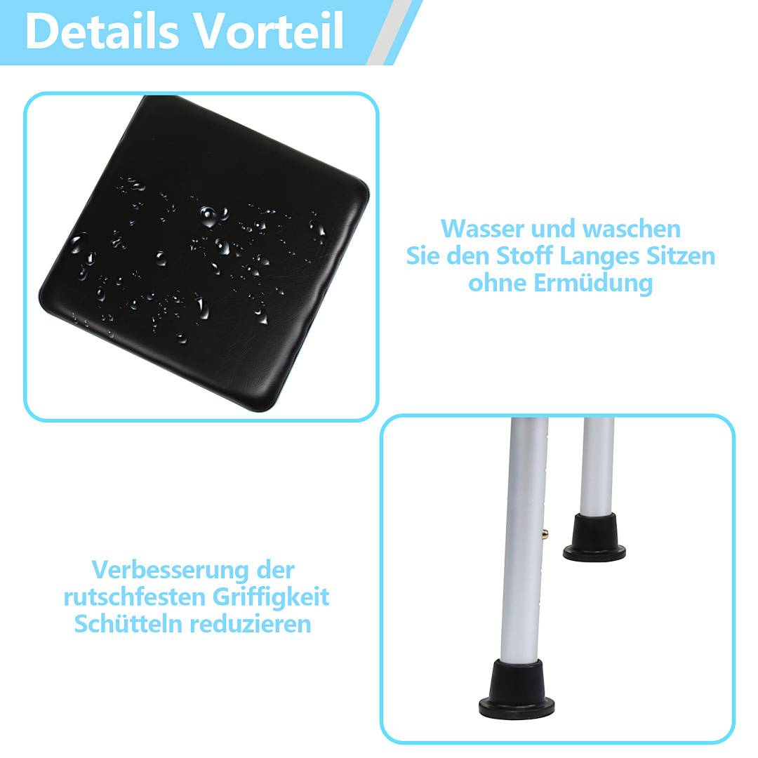 Ein quadratischer schwarzer Sitz mit Wassertropfen; weist Text auf Deutsch über Komfort und Langlebigkeit auf. Weiße Beine mit rutschfesten Spitzen.