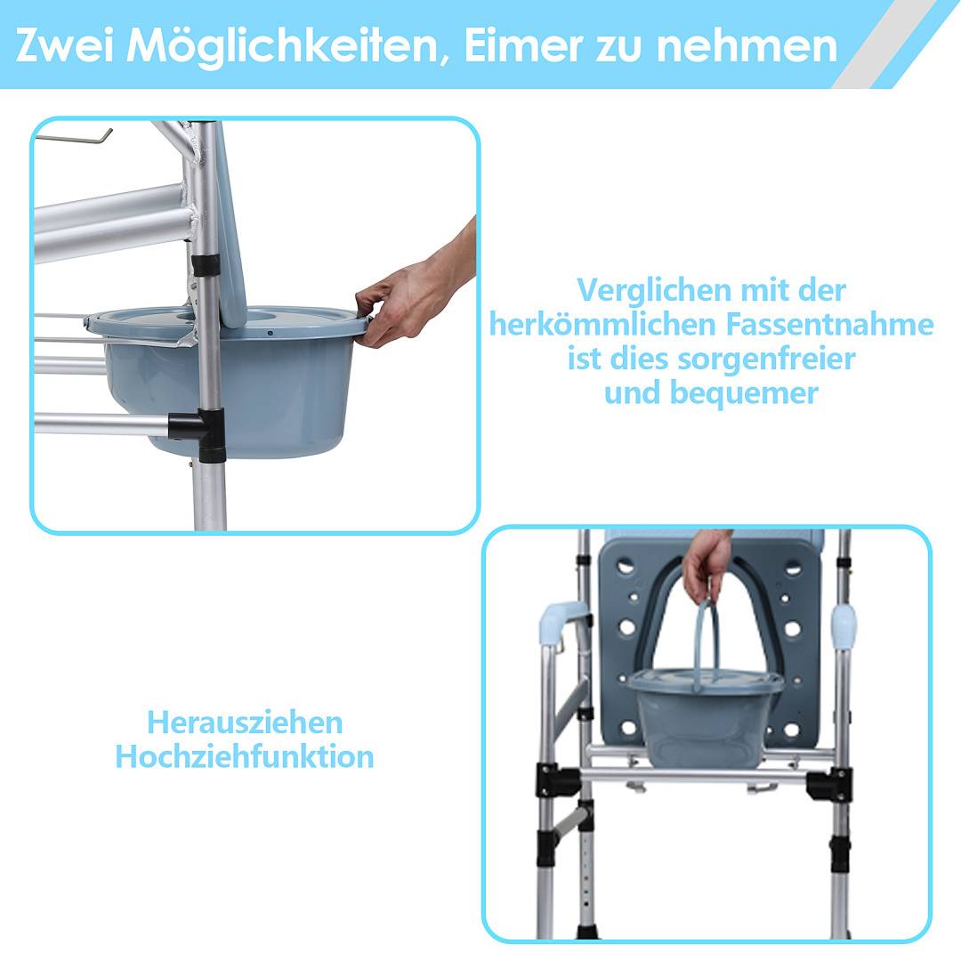 Das Bild zeigt zwei Möglichkeiten, einen Eimer mit Hilfe eines Mobilitätshilfsmittels zu handhaben. Die obere Hälfte betont die Benutzerfreundlichkeit; die untere Hälfte zeigt eine Hochziehfunktion.