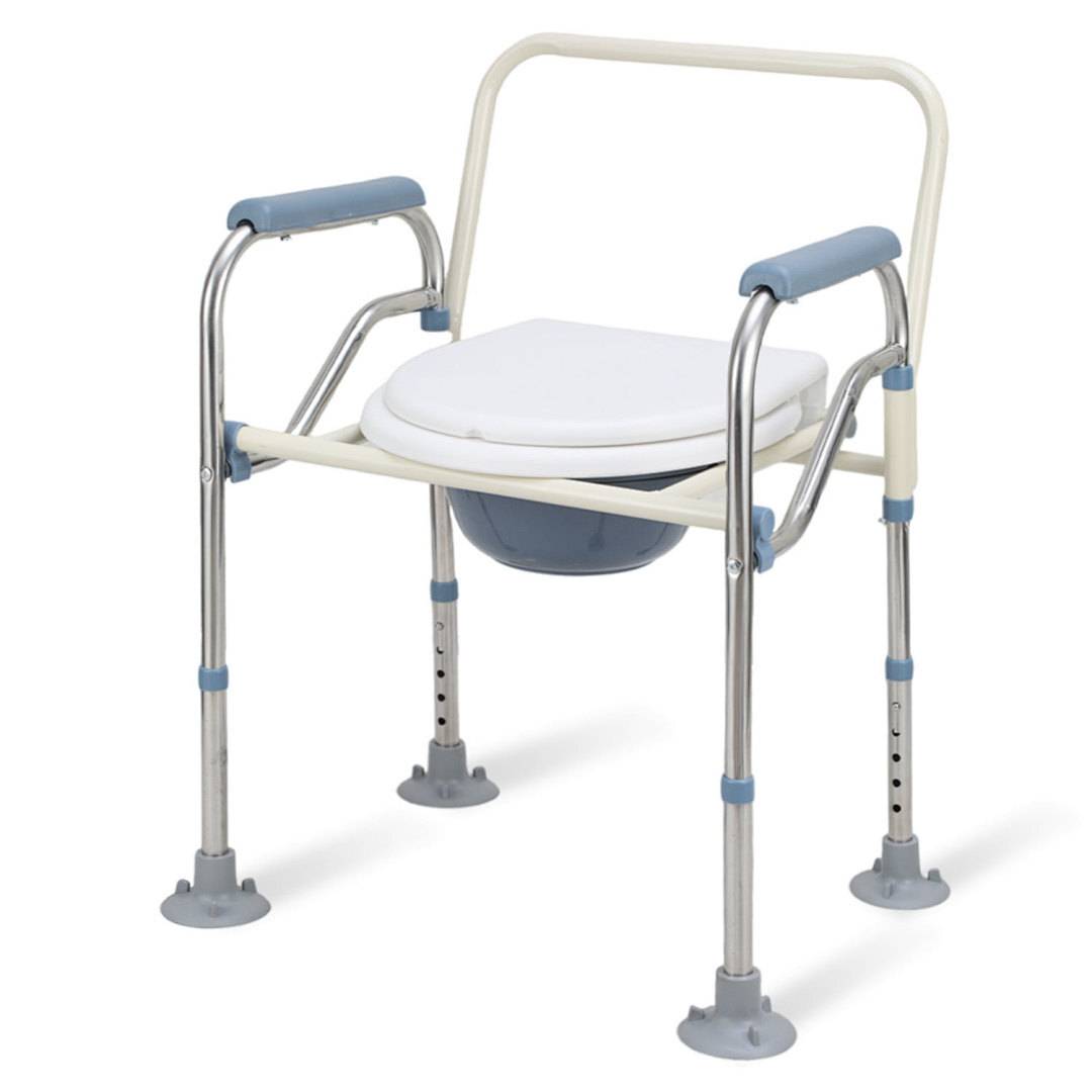Ein weiß-blauer Toilettenstuhl mit verstellbarer Höhe, Armlehnen und abnehmbarem Sitz, entwickelt zur Unterstützung bei der Körperpflege.